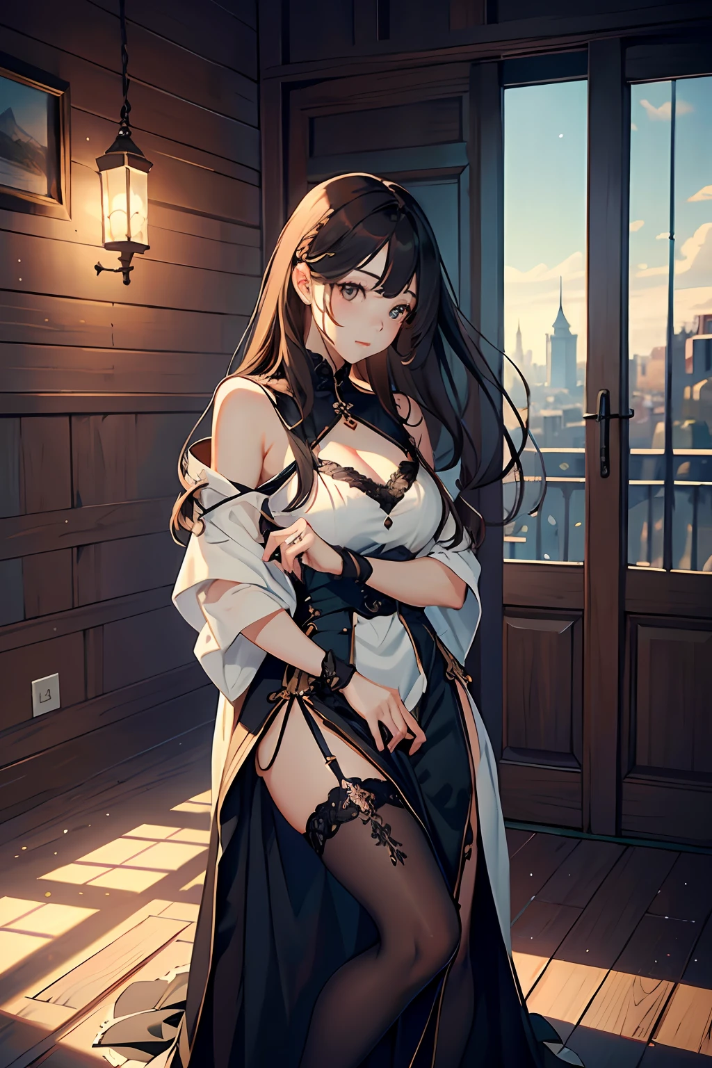 1girll,,Natural light,The best quality,tmasterpiece,illustratio,Extremely delicate and beautiful,extremely detaile,CG,Unity ,8k 壁纸,magical,Fine details,tmasterpiece,The best quality,offcial art,ultra - detailed,The details are very beautiful,The eyes and face are very delicate,The eye details are very beautiful,Symmetrical eyes(RAW photos,The best quality),(realisticlying,photograph realistic:1.3)、Light face、full bodyesbian、Full body photo、black cloaths、(Triangular face)、(pale brown hair:1)、long whitr hair、(Big long eyes)、((puffy eye)、((little breast))、(Kpop idol)、、((Wall background))、(Blank walls、Tight、((posing on a)),(ssmile),having fun,looking at viewert,facing front