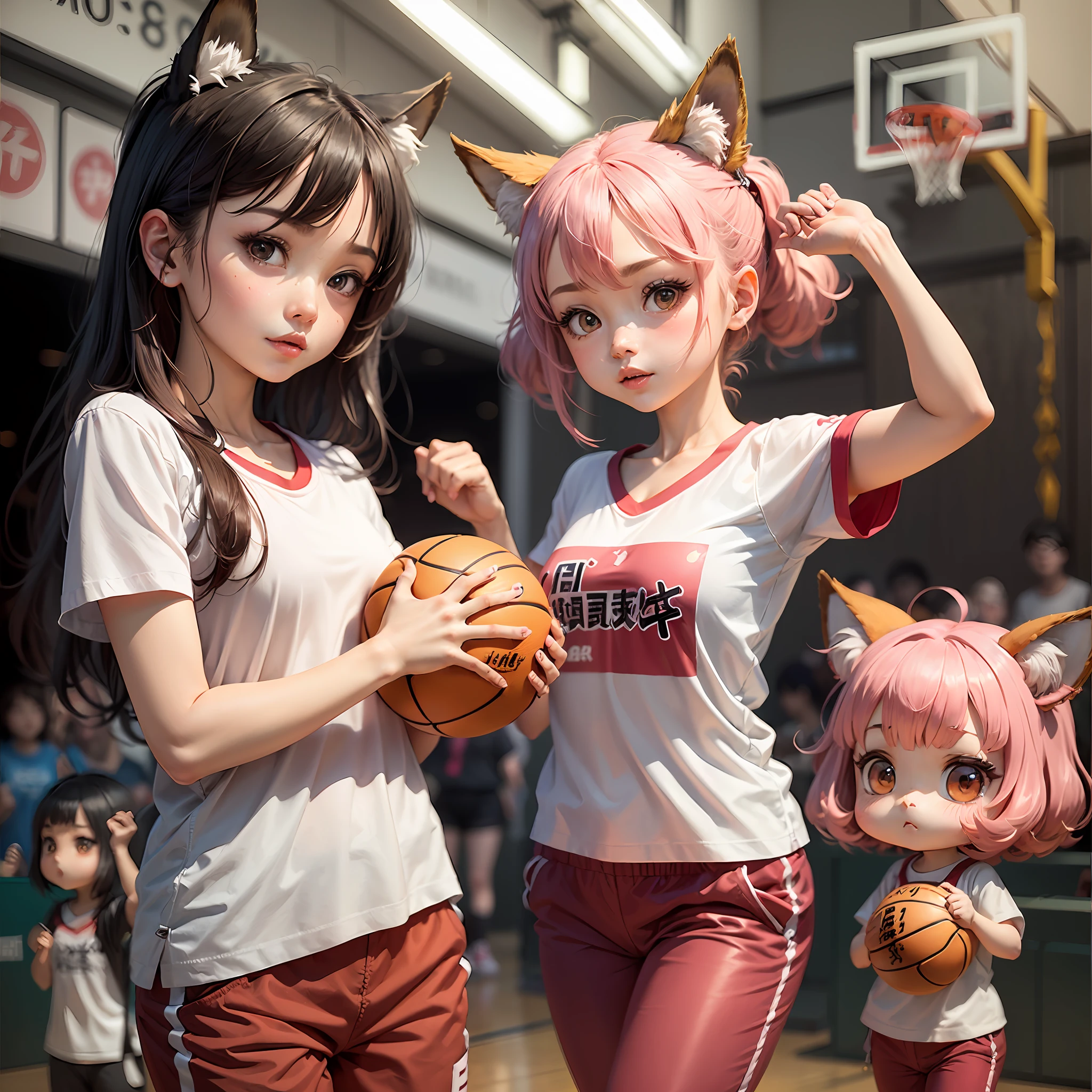 (foxy girls, chibi(big head, Tiny:1.2), kawaii, cute):1.4, Japanese gym uniform (white collarless cotton shirt, dark red half pants):1.2, (Best quality), (masterpiece:1.3), ultra-detailed, Japanese anime style, Various animal girls play basketball together.,