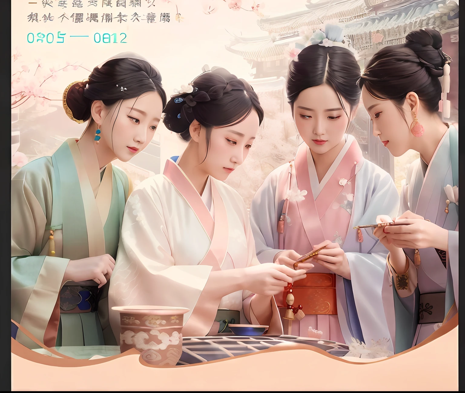 Hanfu three women look at jewelry together, (Gorgeous Hanfu，rich details​:1.5), Wearing ancient Chinese clothes, promotional movie still, film promotional image, White Hanfu, ancient chinese beauti