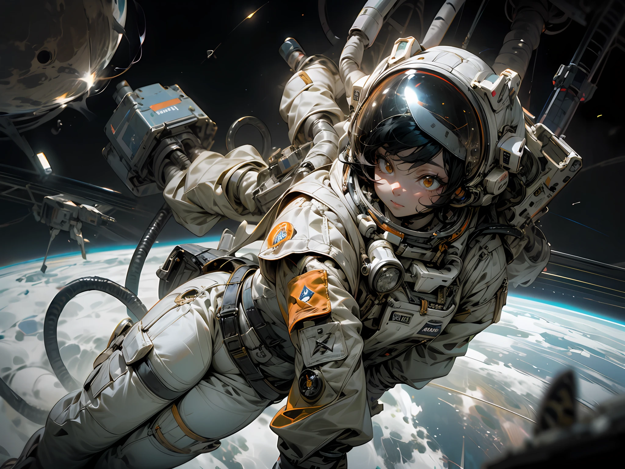 Astronaut girl, Astronaut helmet, In space, planet earth, Mards, stars, top to bottom, 1girll, Solo, Floating in space, astronaut suits, Big orange eyes, Black hair, Earthscape, Detailed background, beautiful space, Colorful,