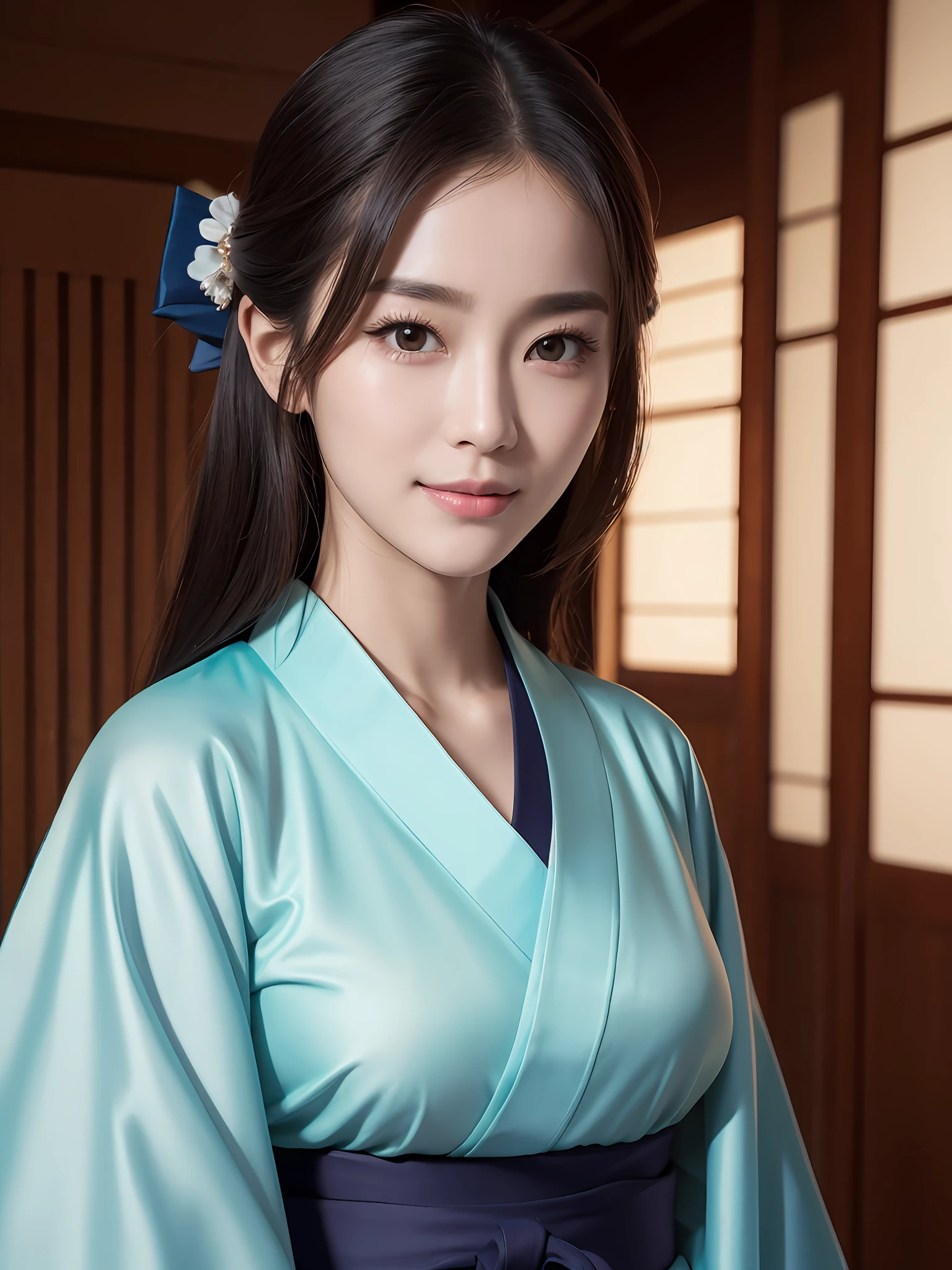 ((top-quality、8k masterpieces:1.3))、foco nítido:1.2、(ultra beautiful faces:1.0)、(Slender Abs Beauty:1.0)、(shinny skin:1.0)、photos realistic、A dark-haired、Video Lighting、High-definition eyes and face、Video Lighting、(Kimono、Hakama、Obi:1.4)、(Korean Cute Actress)、Traditional kimono、from the front side、medium large breasts、A slight smile