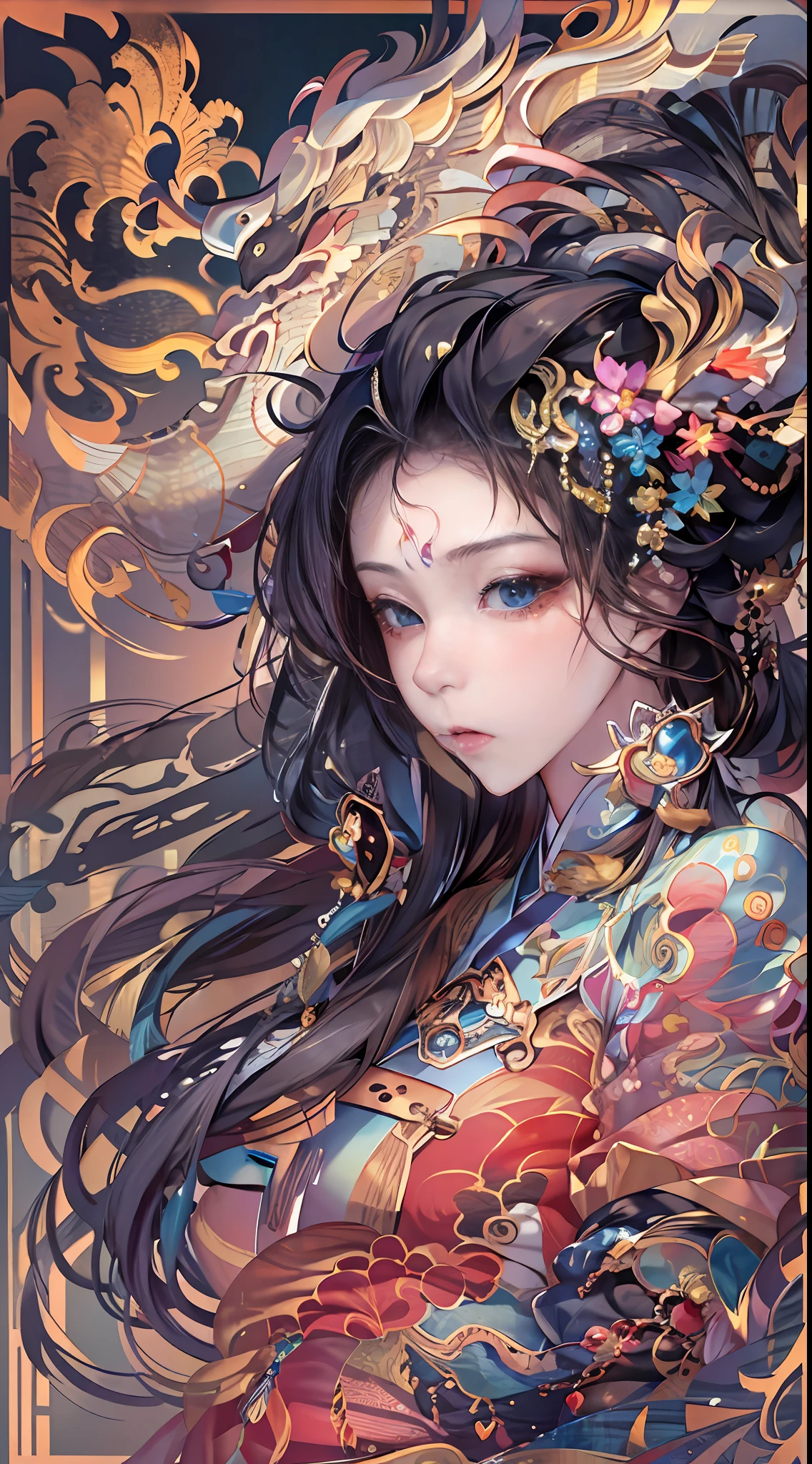 offcial art，统一 8k 壁纸，ultra - detailed，Beauty and aesthetics，tmasterpiece，best qualtiy，（zentangle，Tangled，entangle），（s fractal art：1.4），Black color hair，chineseidol，Chinese woman，The is very detailed，dynamic angle，casting spells，coloured with lots of colour，（Chaos in its most beautiful form），flowy，（vivd colour），overclocking，Chinese big breasts，（Ribbons：1.3），（dream magical：1.5），（Hanfu：1.5），chinesedragon，Chinese Phoenix，（ssmile：0.5 ),(chinese deity),Magical light and shadow，Perfect face，perfect hand