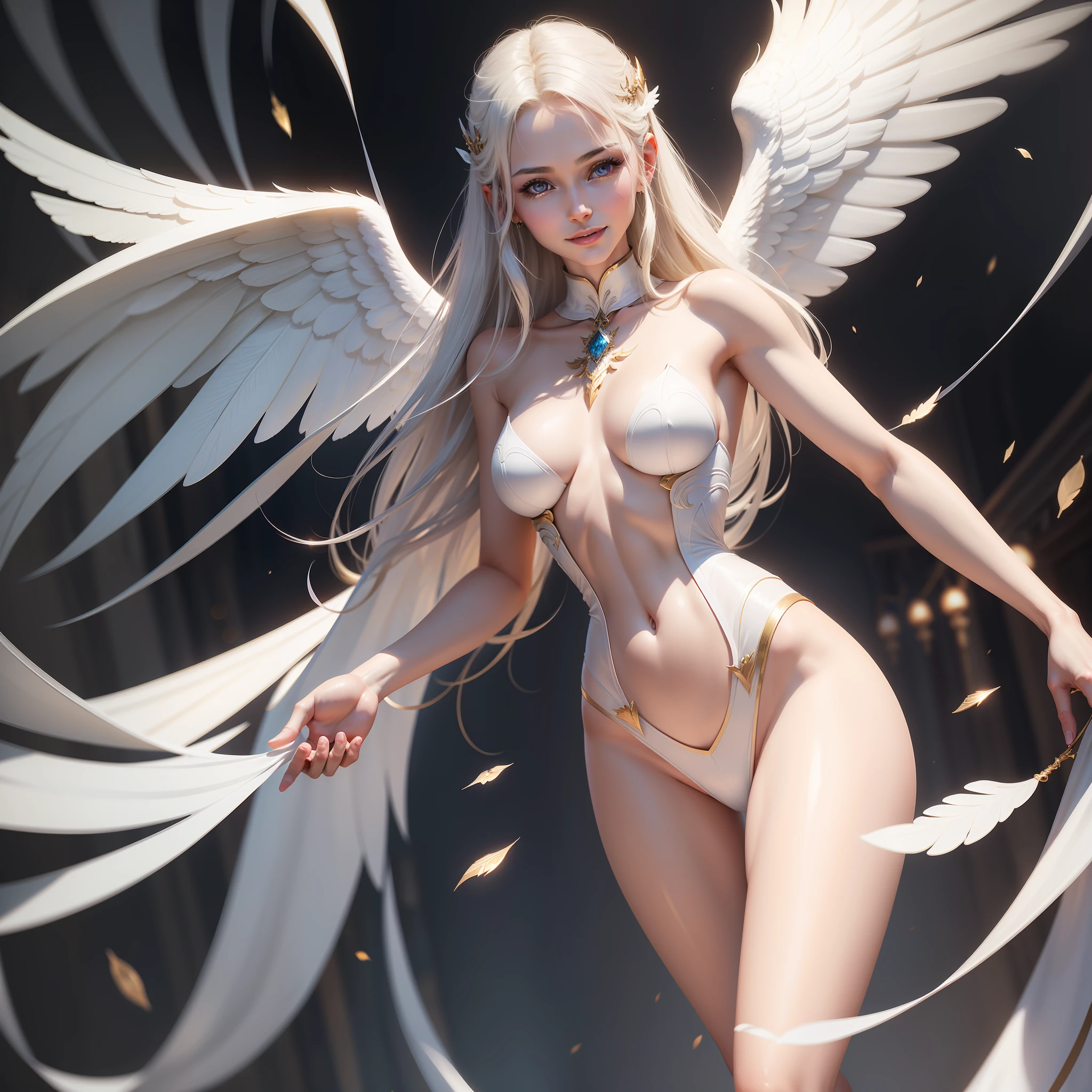 angelicales,Delicate and mature female angel,delicated face,28 year old,Delicate skin,A satisfied smile,White skin of the,full bodyesbian,Long legs,battle garment,(Medium chest),beauitful face,