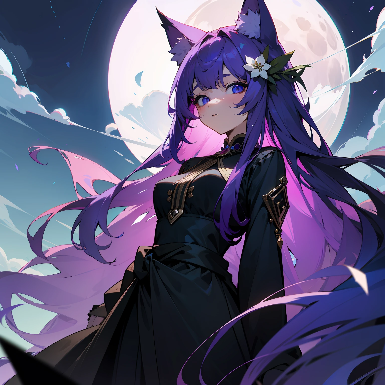 Purple hair、emerald eyes、blue eyess、odd eye、Colossal tits、cute little、Long hair that goes down to the waist、top-quality、doress、Wolf ears、Hide your ears with hair、Cluster amaryllis floral ornament on the head、Moon Night