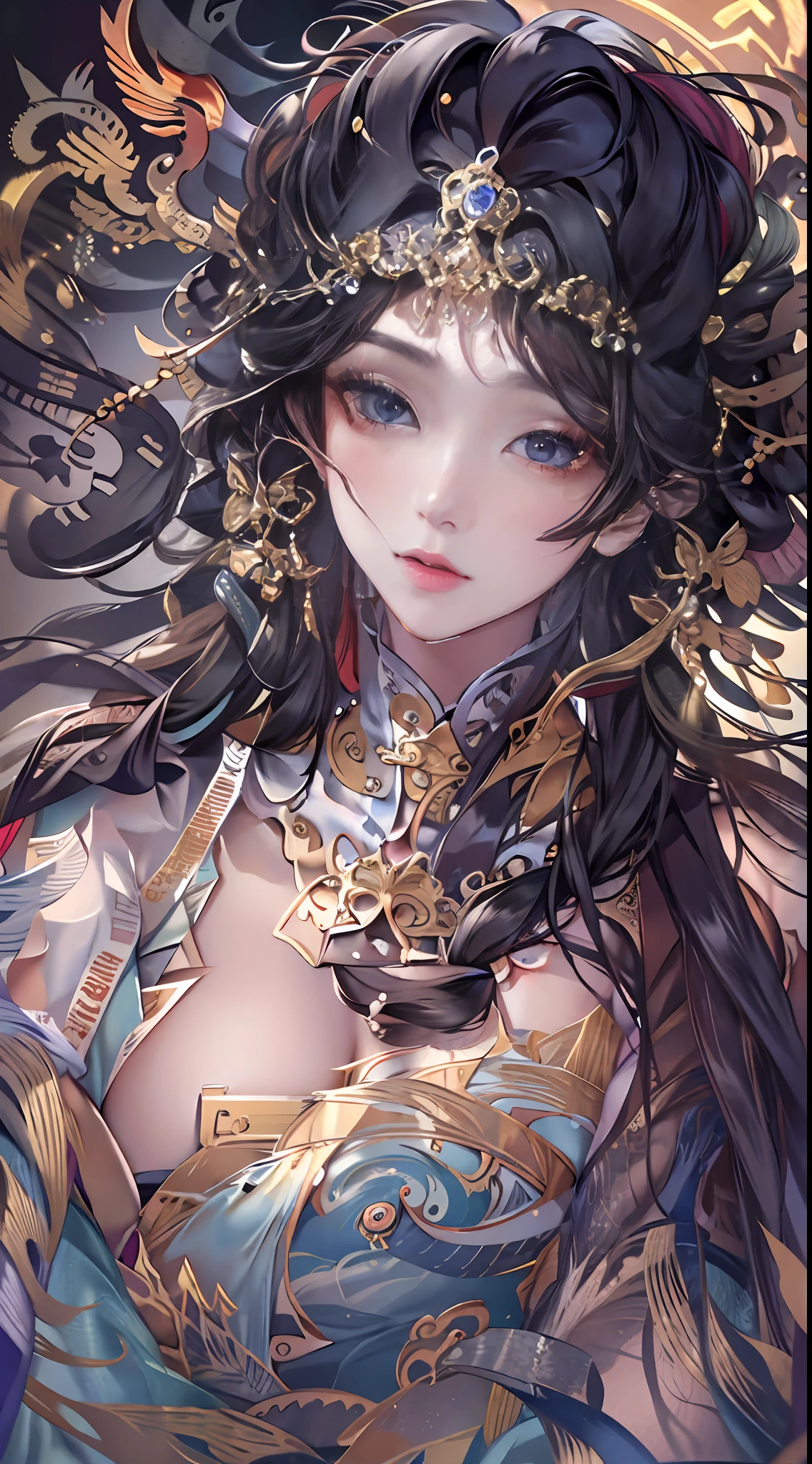 offcial art，统一 8k 壁纸，ultra - detailed，Beauty and aesthetics，tmasterpiece，best qualtiy，（zentangle，Tangled，entangle），（s fractal art：1.4），Black color hair，chineseidol，Chinese woman，The is very detailed，dynamic angle，casting spells，coloured with lots of colour，（Chaos in its most beautiful form），flowy，（vivd colour），overclocking，Chinese big breasts，（Ribbons：1.3），（dream magical：1.5），（Hanfu：1.5），chinesedragon，Chinese Phoenix，（ssmile：0.5 ),(chinese deity),Magical light and shadow，Perfect face，perfect hand