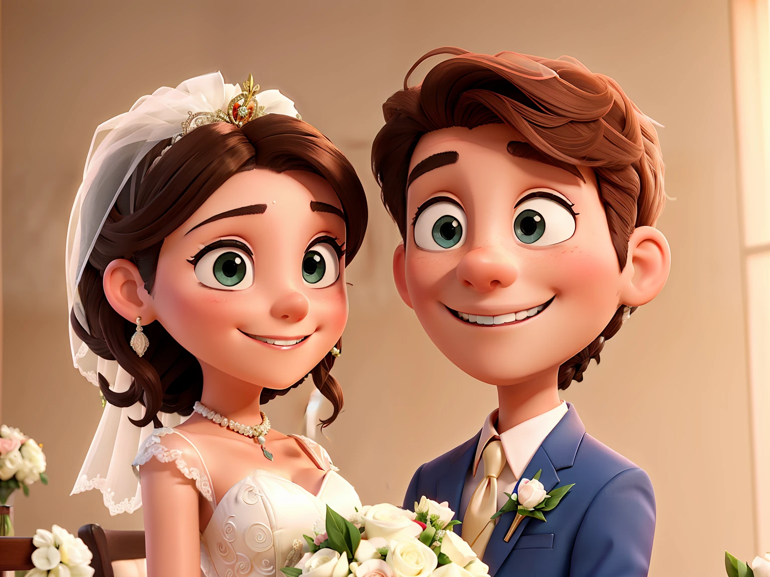 Groom and bride，Wedding，Bust，ssmile，Blur the heart background
