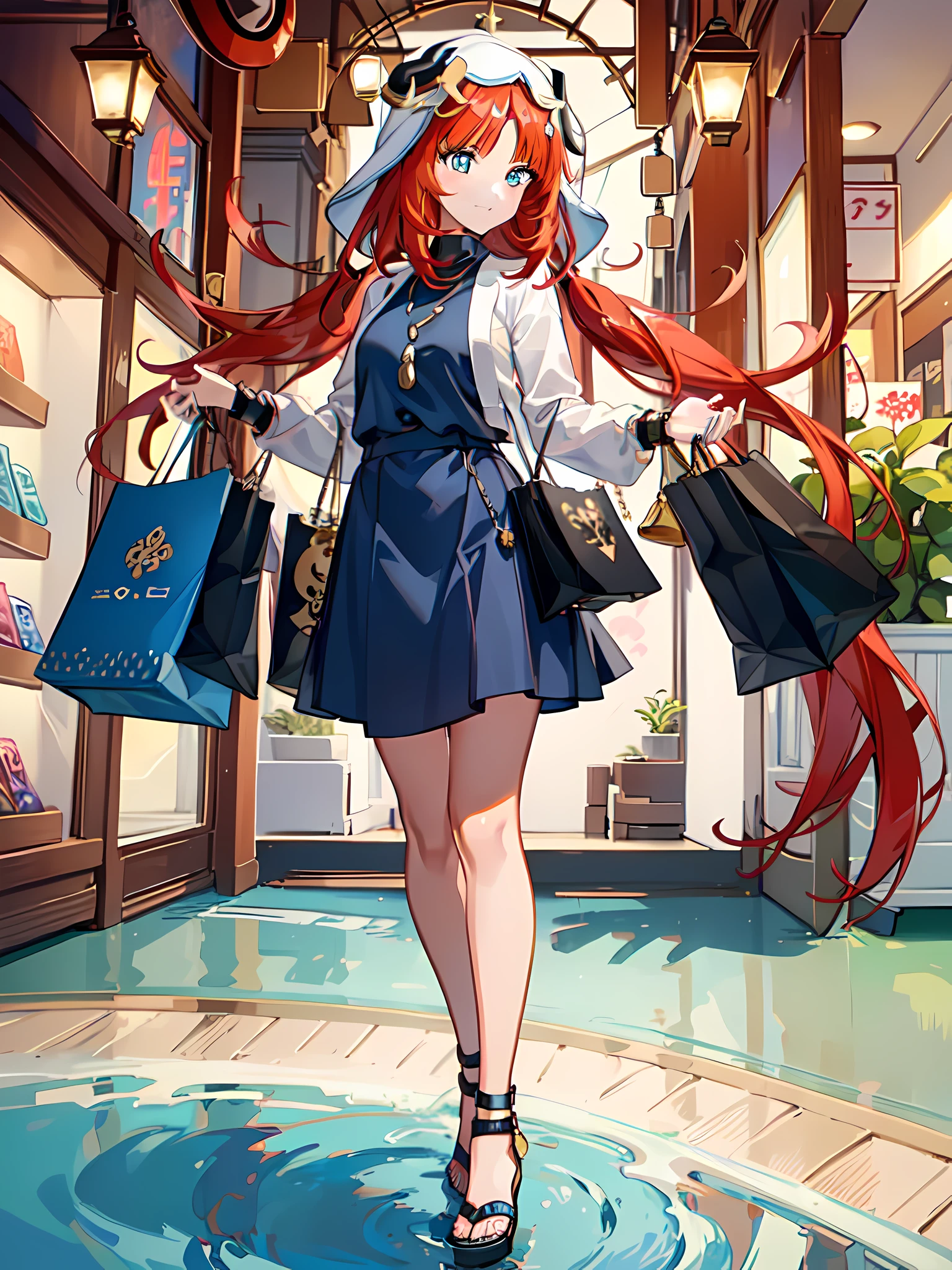 nilou_genshin, (long_hair), An adorable illustration of Nilou shopping in a casual clothes mini market. With a joyful expression, she explores the racks of stylish outfits, finding the perfect pieces to add to her collection. The mini market exudes a cozy and inviting ambiance, making it a delightful shopping experience for Nilou. This artwork captures the charm of a casual clothes store and Nilou's excitement as she enjoys her shopping spree, creating a visually enchanting and captivating portrayal, Illustration, digital art, (masterpiece), (perfect face), (perfect hand), (symetrical face proportions), (best quality), --4K --UHD --Hyperdetailed