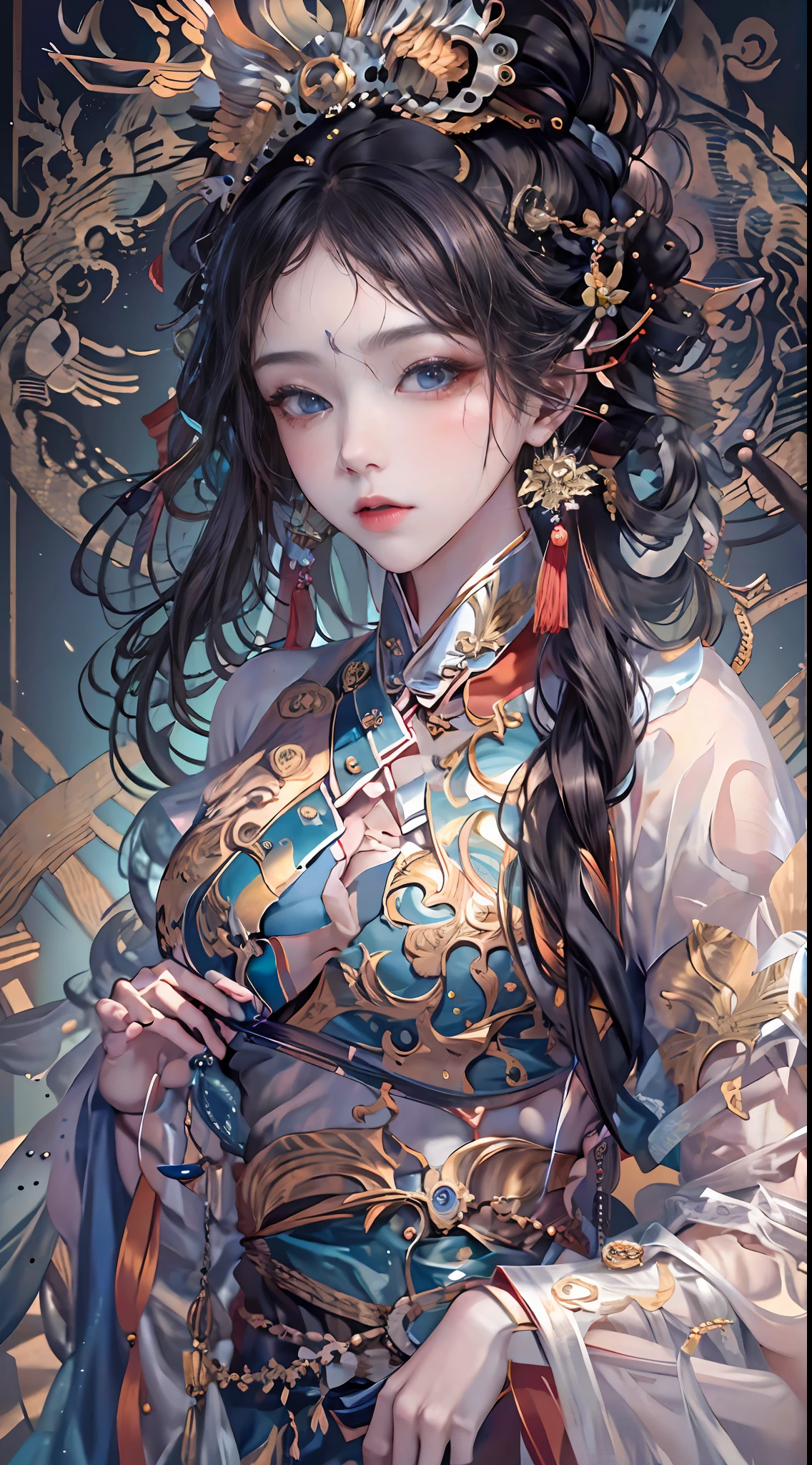 offcial art,统一 8k 壁纸,ultra - detailed,Beauty and aesthetics,tmasterpiece,best qualtiy,(zentangle,Tangled,entangle),(s fractal art:1.4),Black color hair,chineseidol,Chinese woman,The is very detailed,dynamic angle,casting spells,coloured with lots of colour,(Chaos in its most beautiful form),flowy,(vivd colour),overclocking,Chinese big breasts,(Ribbons:1.3),(dream magical:1.5),(Hanfu:1.5),chinesedragon,Chinese Phoenix,(ssmile:0.5 ),(chinese deity),Magical light and shadow,Perfect face,perfect hand