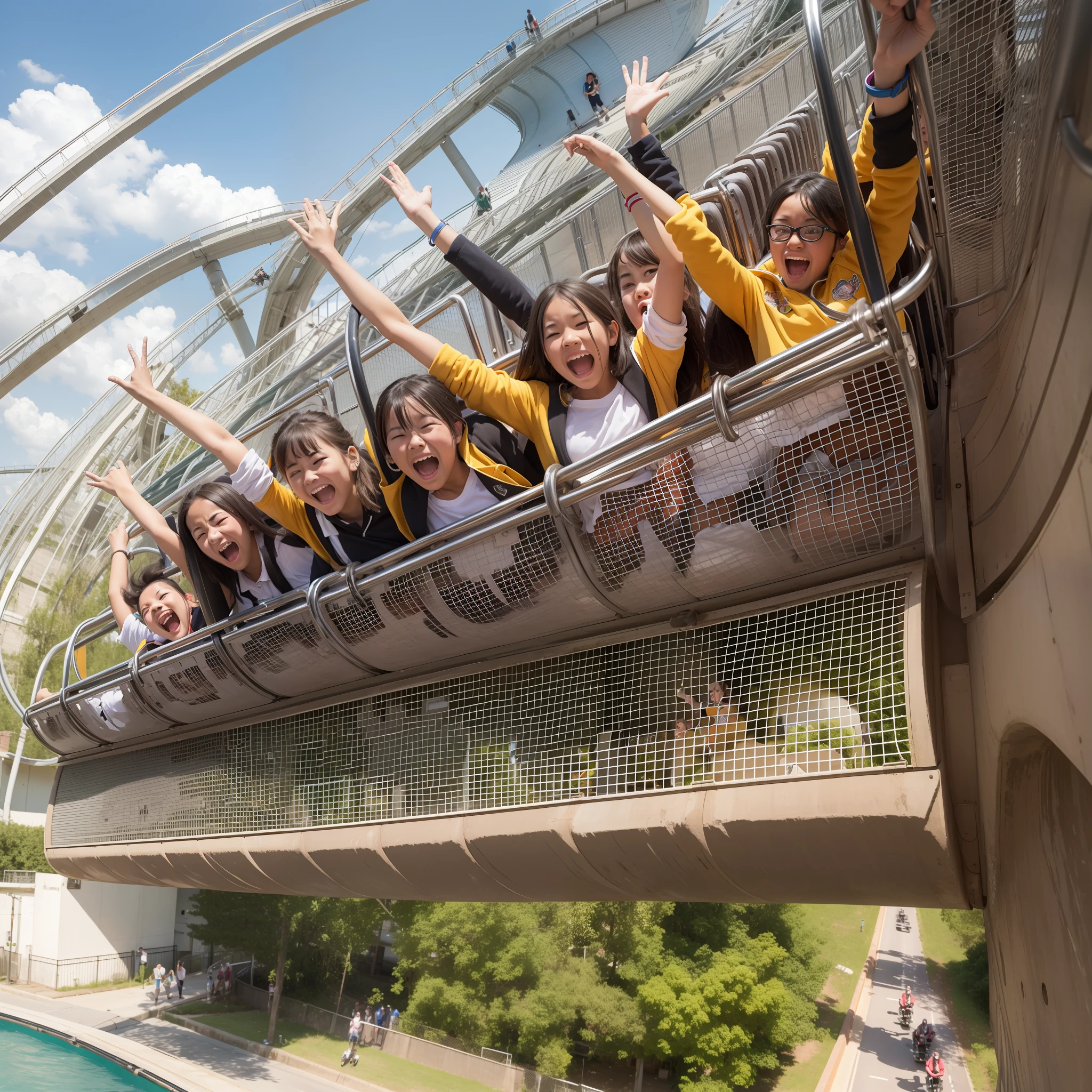 Five students ride a roller coaster，The expression is exaggerated