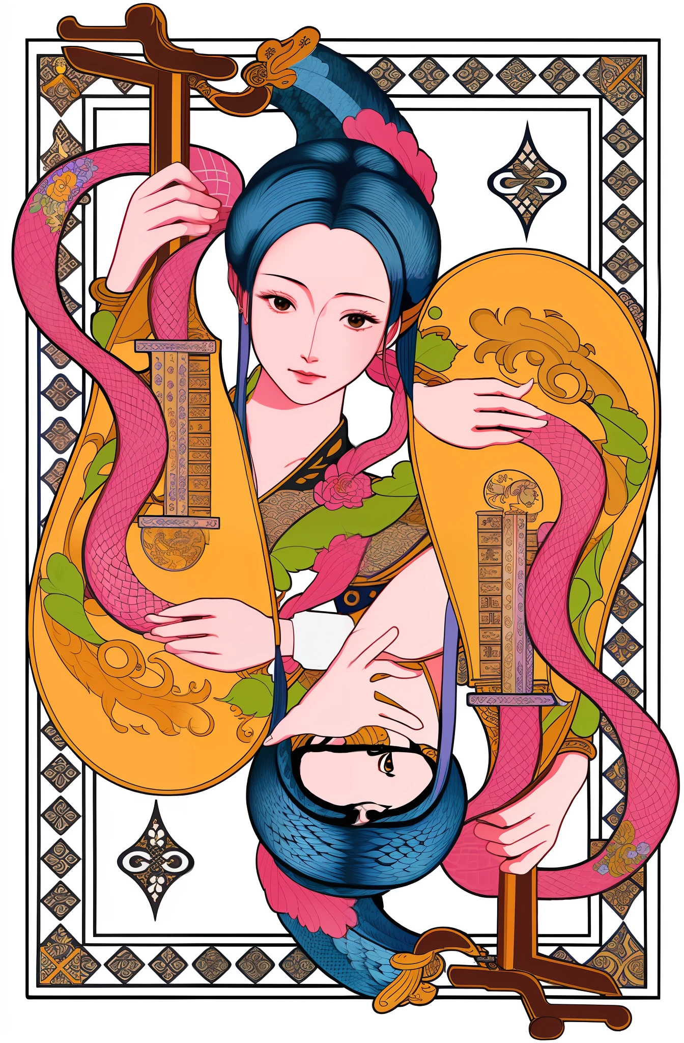 "Harmonious picture of snakes and musical instruments，Tarot card illustration，Borrowed from Utagawa Kokusei II、Inspiration for Utagawa Kokusai III and Utagawa Kokudes，Depicts the empress and the Chinese empress in tarot cards，The design of the tarot cards is highly detailed，Borrowed inspiration from Gao Kegong and Wang Yi。"