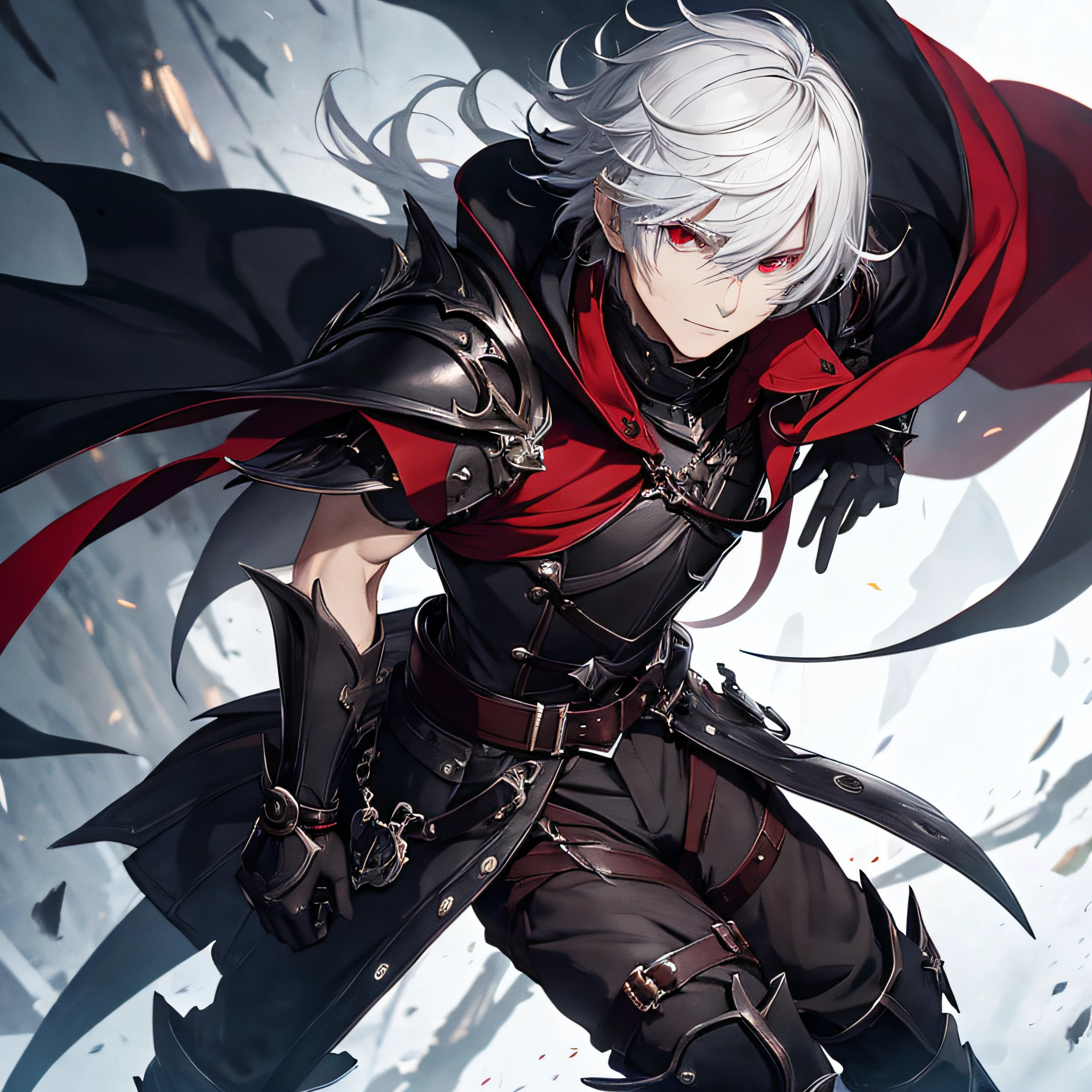 masterpiece, best quality, 1man, adult, male focus, solo, short white hair, vibrant red eyes, one eyed black sclera, gloves, looking at viewer, cape, High quality metal texture, demonic armor, closed mouth, metalic gloves, upper body, bangs, high collar,(kbxll:0.6), Fantasy aesthetics, Highly detailed, shadowverse style, shadowverse character concept, dark knight