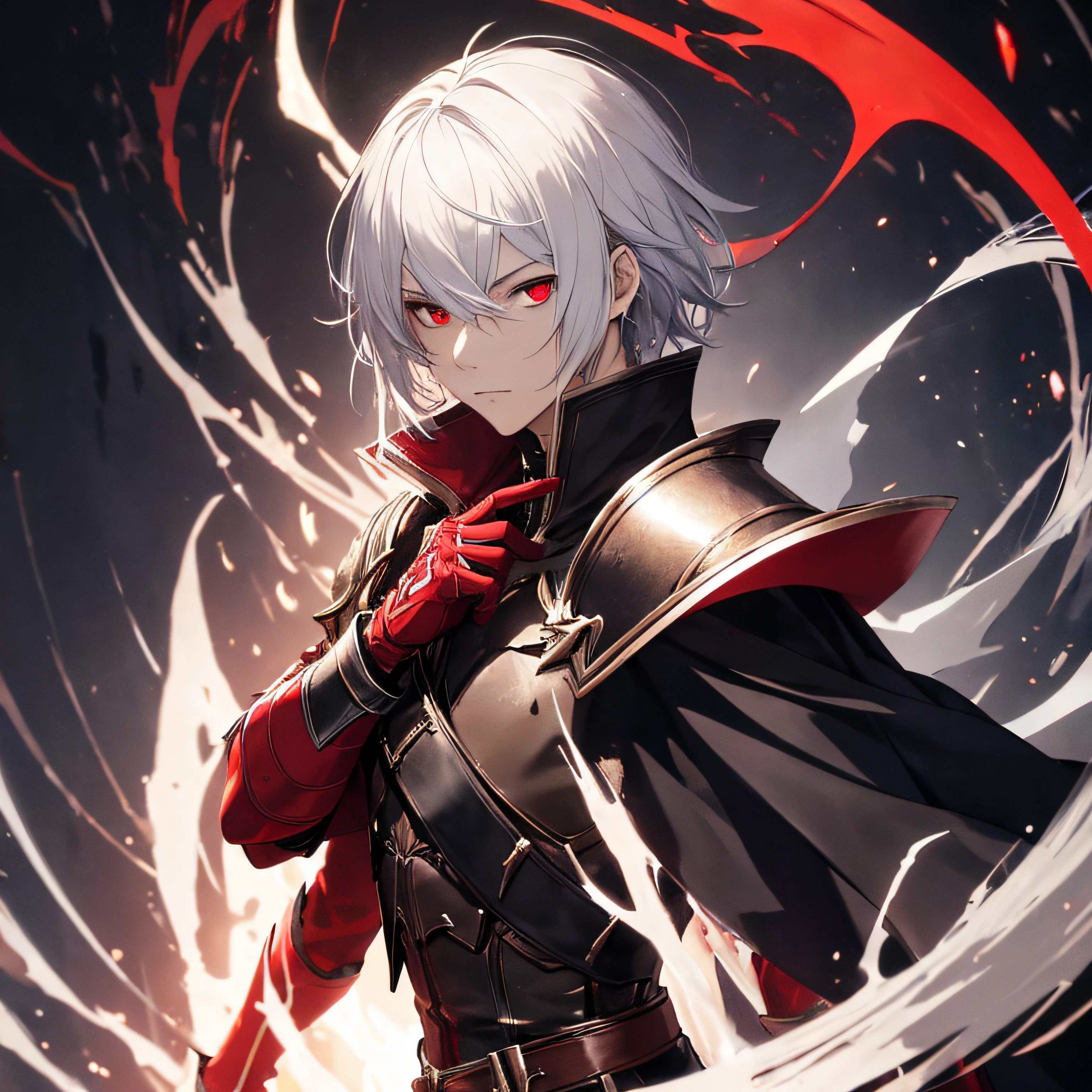 masterpiece, best quality, 1man, adult, male focus, solo, short white hair, vibrant red eyes, one eyed black sclera, gloves, looking at viewer, cape, High quality metal texture, demonic armor, closed mouth, metalic gloves, upper body, bangs, high collar,(kbxll:0.6), Fantasy aesthetics, Highly detailed, shadowverse style, shadowverse character concept, dark knight