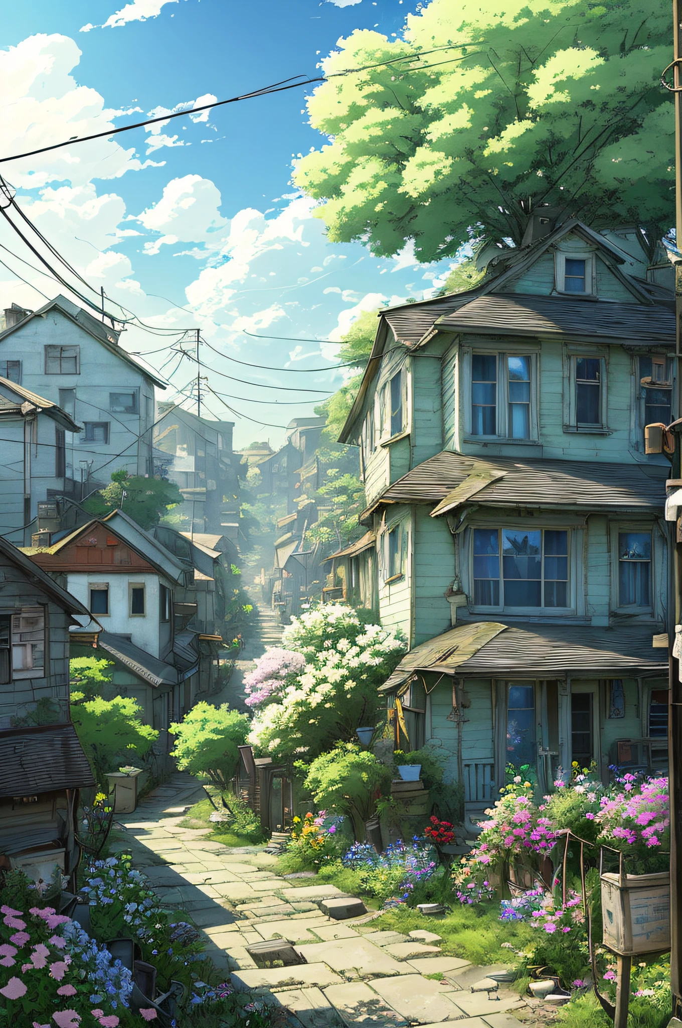 very cozy little place, hyper realism, (anime Makoto Shinkai:0.4), old shabby house in city street, home wiring, outdoors, sky, cloud, day, scenery, tree, blue sky, building, sign, wires, railing, wide shot, utility pole, town, wilderness, flowers, a lot of utensils lying around in a mess