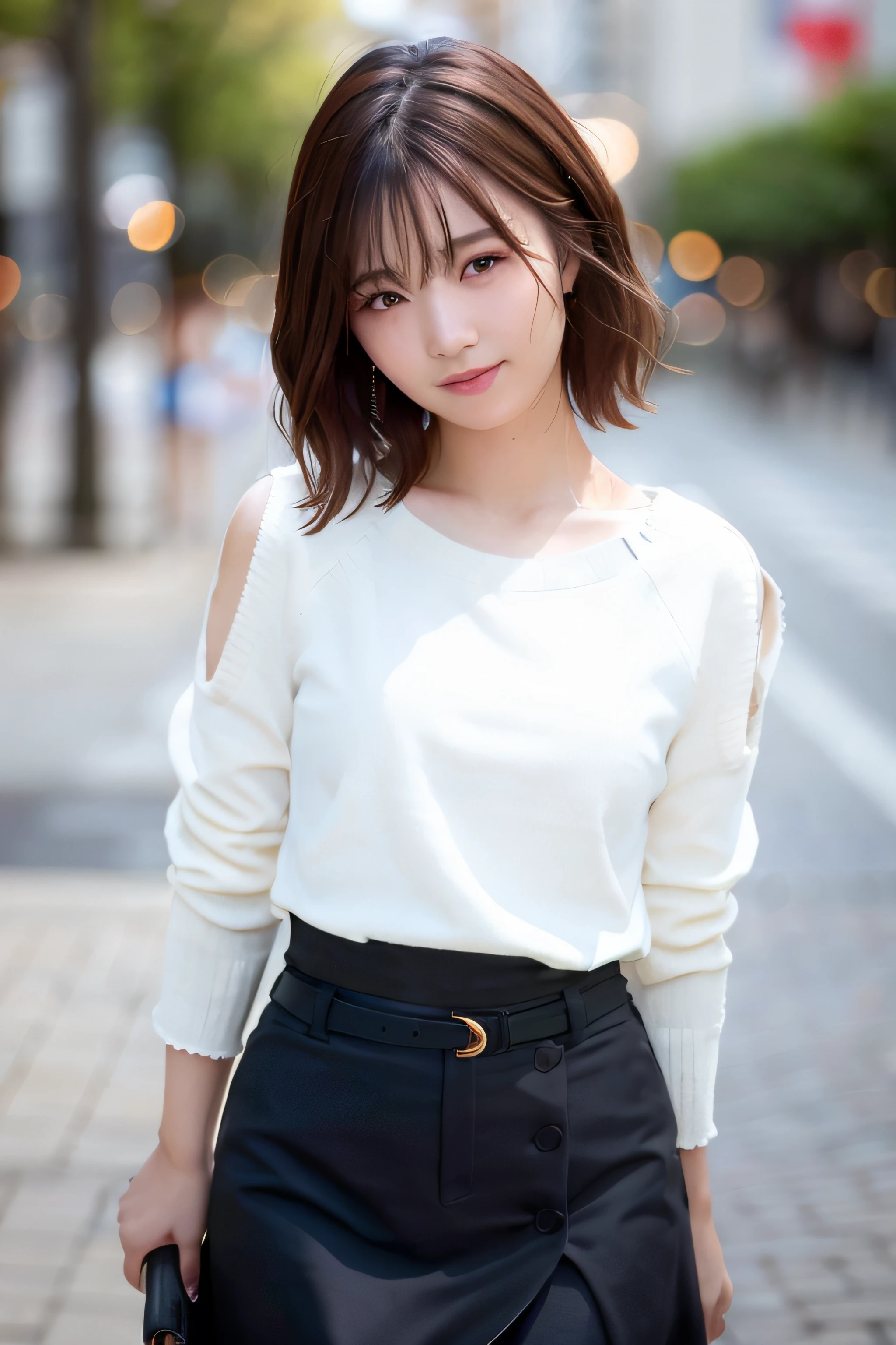 (skin blemish:1.2), (skindentation), black eye, 1woman, 25yo, (((woman))), solo, realistic, best quality, photorealistic, masterpiece, 8k, high res, solo, extremely detailed face, (professional lighting, bokeh), (light particles, lens flare, glowing particles:0.6), (dynamic pose:1.2), soft lighting, top angle view, fashionable and trendy atmosphere, japan, street, city, tokyo, harbour, ((daytime)), sky, ((looking at the viewer:1)), (looking at the camera),(portrait:0.6), cowboy shot, gorgeous, standing, keep original facial proportion, wide shoulder, full body, (small breast), (short hair), brown hair, floating hair, lips, lipstick, seductive smile, floating hair, smile, open_mouth, teeth, (sleeves less white blouse), (jumper skirt), eyelashes, mole, (mole under eye:1),