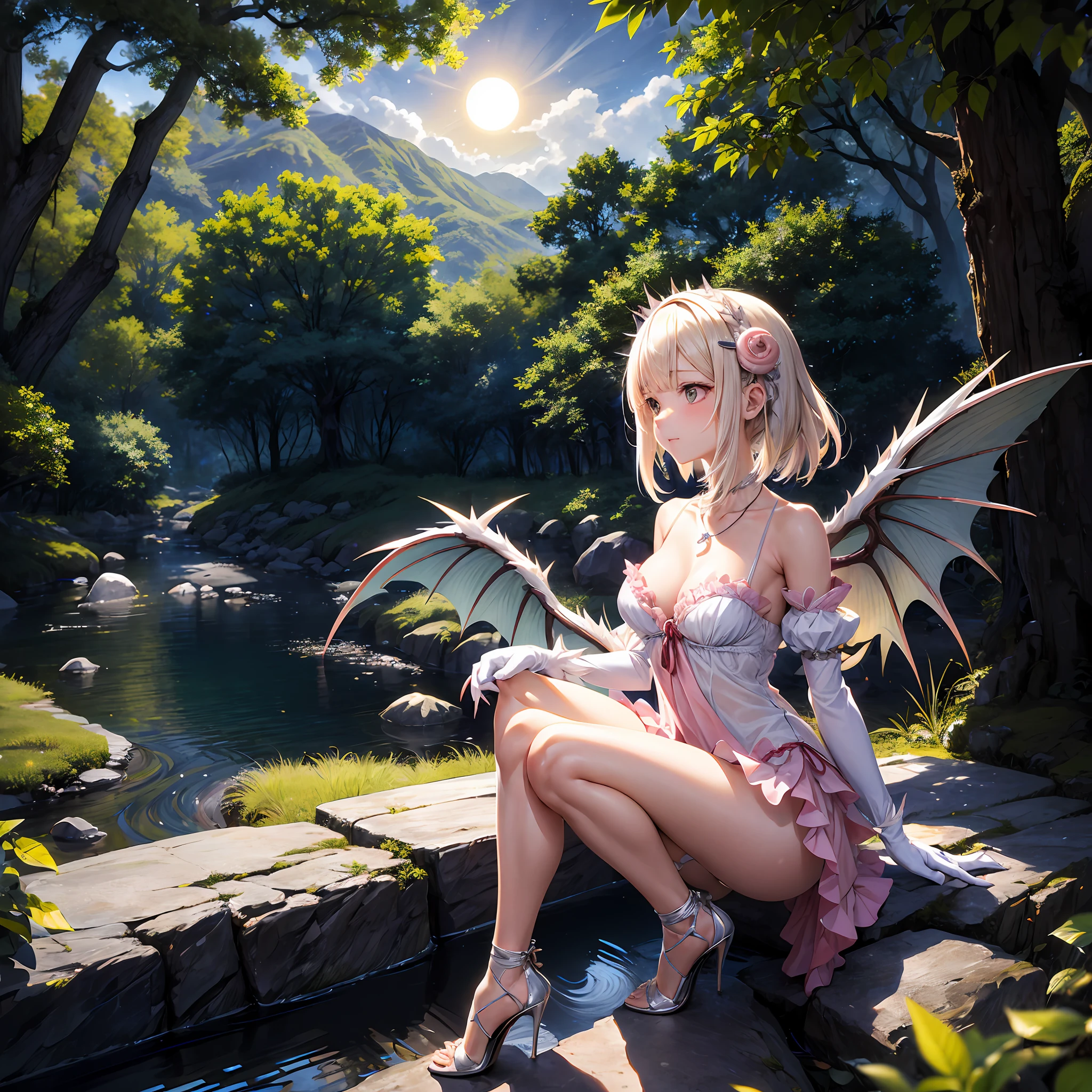 (masutepiece, Best Quality:1.2), 1girl in, Solo, Cute, kawaii, Digital Art, Magic Circle, Platinum Blonde Hair, finely detailed eyes, Embarrassed expression, Sweat, frilly dress, Pink color scheme, high-heels, White Gloves, Heart-shaped necklace, tiarra, Wield a wand, shenron, forest, Fire Breath, Wings, scales, sharp claws, Spiky tail, Trees, mosses, Moonlight passing through the leaves, leaves falling, Soto, boulders, River, Bridge, Night clouds, Starry sky, Windy, Rustling leaves,