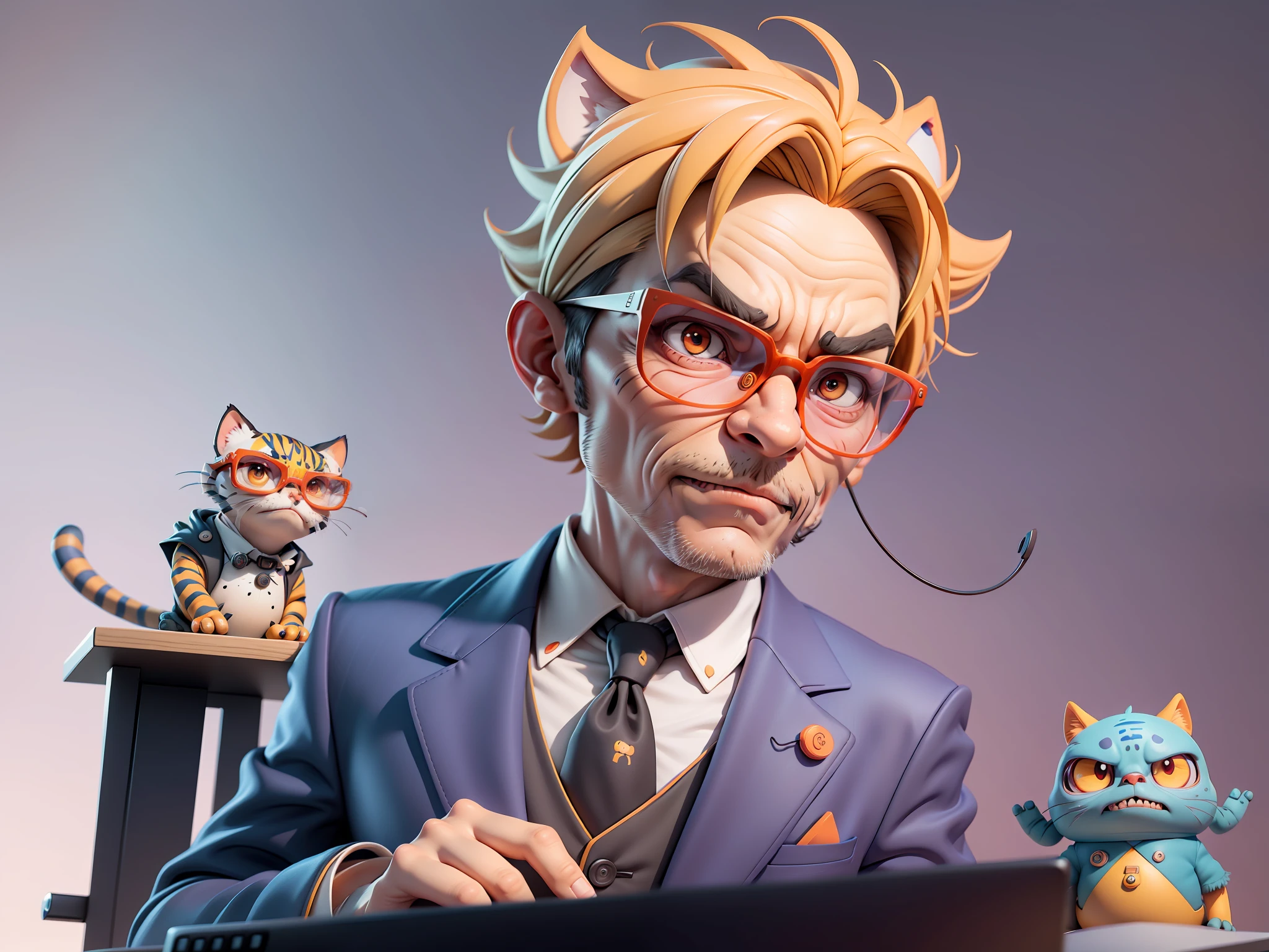 A young man in a suit, Short hair and glasses sat at his desk，holding laptop，digitial painting，tigre，3D character design by Mark Clairen and Pixar and Hayao Miyazaki and Akira Toriyama，4K HD illustration，Very detailed facial features and cartoon-style visuals。