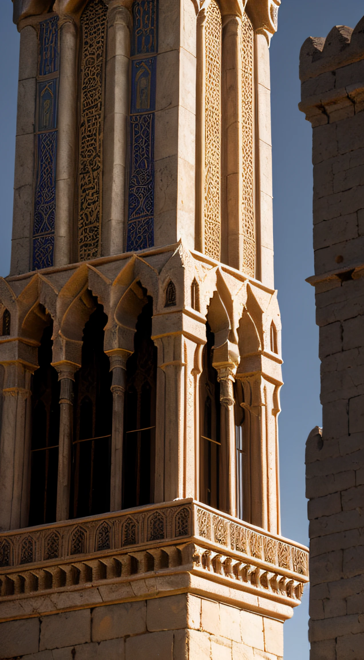 close up shot of a medieval fantasy north african traditional tower, exterior, elegant, carved decorations (backlighting), granite, realistic, masterpiece, highest quality, lens flare, shade, bloom, [[chromatic aberration]], by Jeremy Lipking, by Antonio J. Manzanedo, digital painting