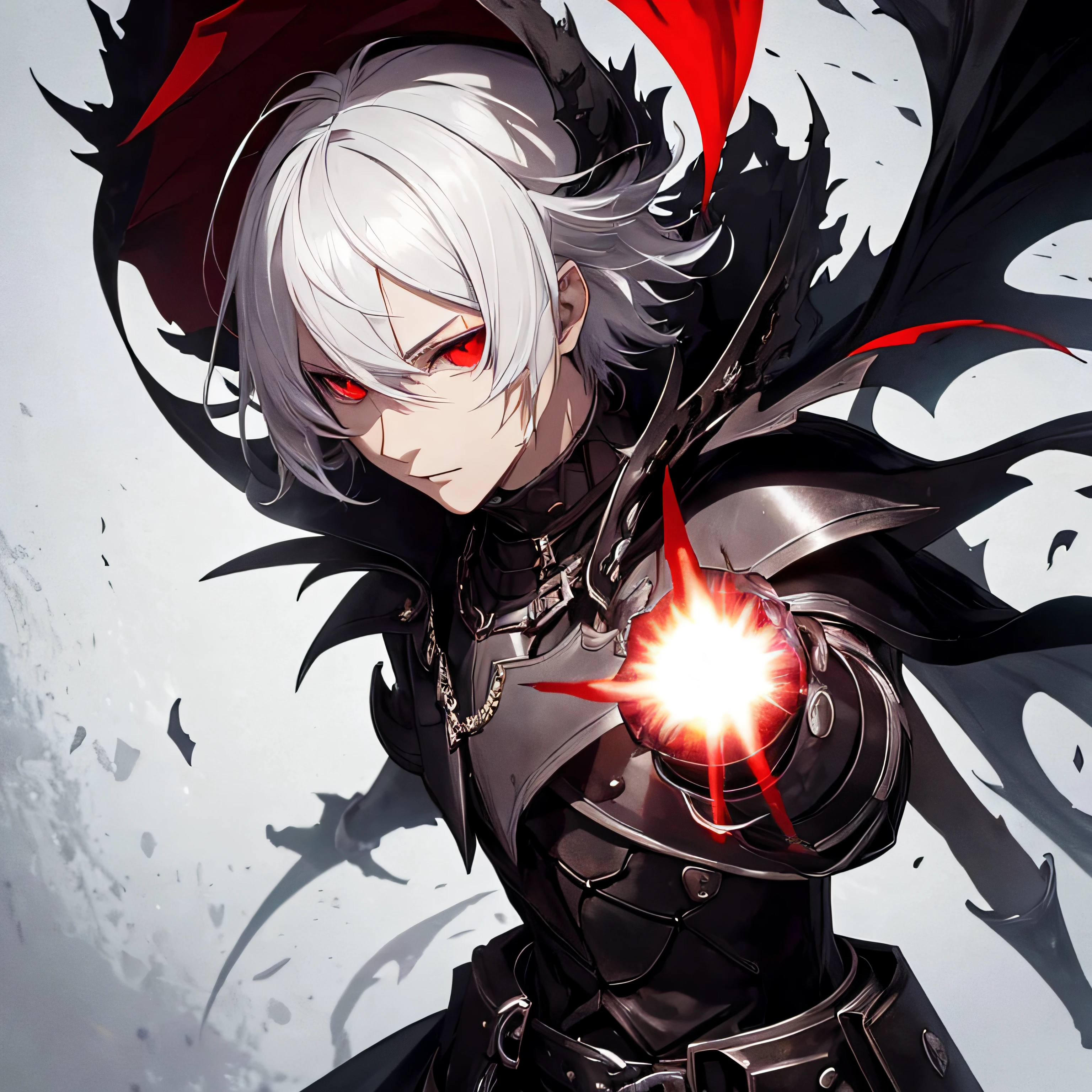 masterpiece, best quality, 1man, adult, male focus, solo, short white hair, vibrant red eyes, one eyed black sclera, gloves, looking at viewer, cape, High quality metal texture, demonic armor, closed mouth, metalic gloves, upper body, bangs, high collar,(kbxll:0.6), Fantasy aesthetics, Highly detailed, shadowverse style, shadowverse character concept, dark knight
