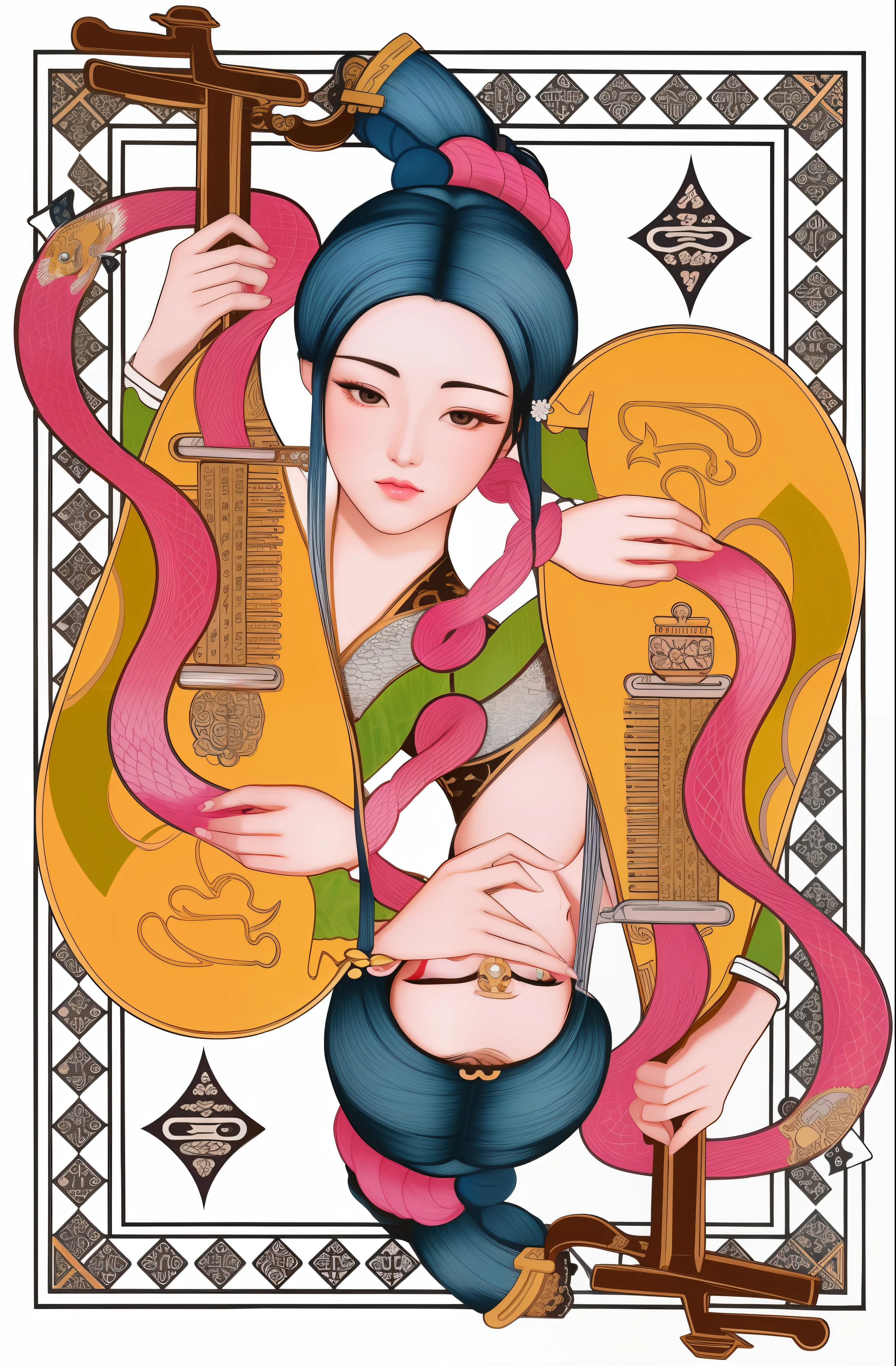 A drawing of a woman playing an instrument with a snake, symmetrical tarot illustration, inspired by Utagawa Kunisada II, inspired by Utagawa Kunisada III, inspired by Utagawa Kunisada, tarot card the empress, chinese empress, tarot design, high detal + tarot cards, inspired by Gao Kegong, inspired by Wang Yi