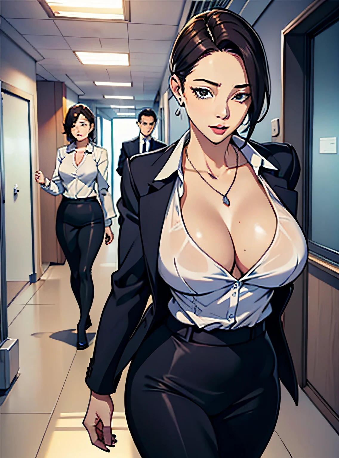 Beautiful mature1Man Woman,Business suits、tight skirts、White cotton panties、Pendant on chest、Heart Earrings、Inviting face、View here、NSFW、Walking in an office district、