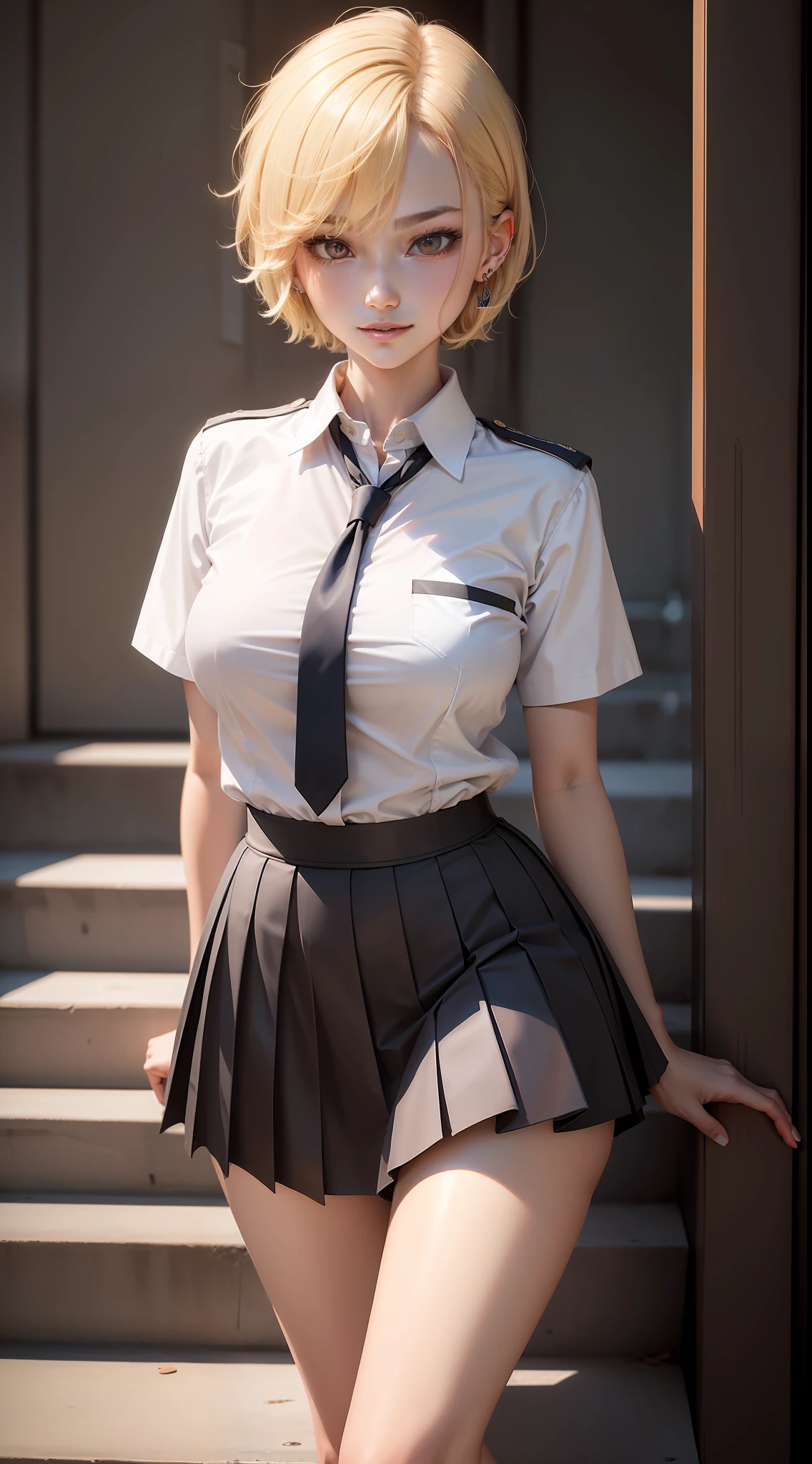 Korean school uniform, summer school uniform shirt, ribbon tie, skirt, school, school stairs, chest lifting pose, 8K RAW photo, high resolution, cool Korean at , very big round breasts, beautiful eyes in detail, long eyelashes, beautiful double eyelids, eye shadow, eyeliner, slit eyes, elongated eye shape, Sanpaku eyes, evil smile, evil look, beautiful and very thin legs, Beautiful very thin thighs, random short hair, hair tied at the back of the head, earrings, bright blonde hair