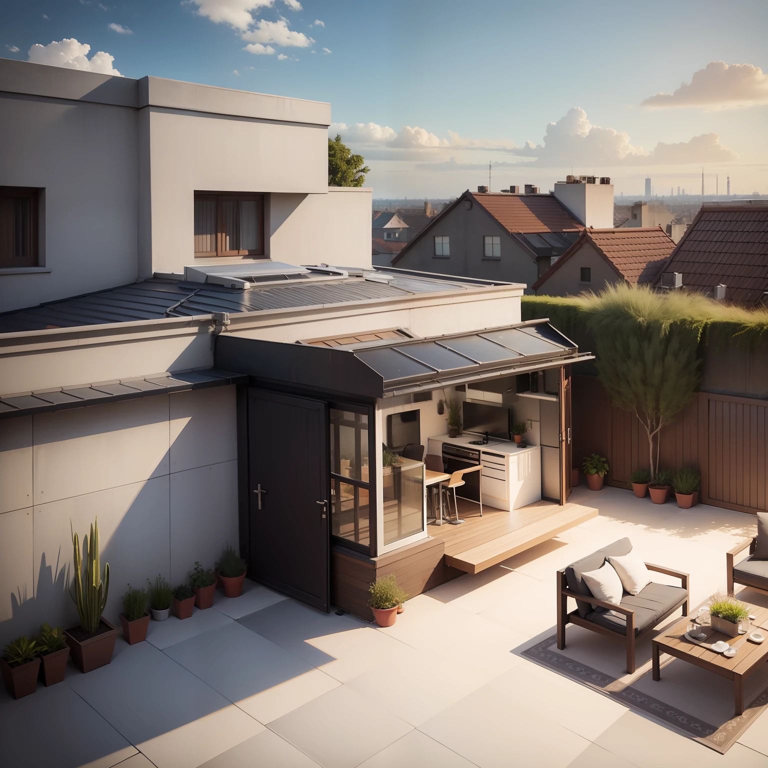 Rooftop Urban Escape, Transform your rooftop into a stylish living area.