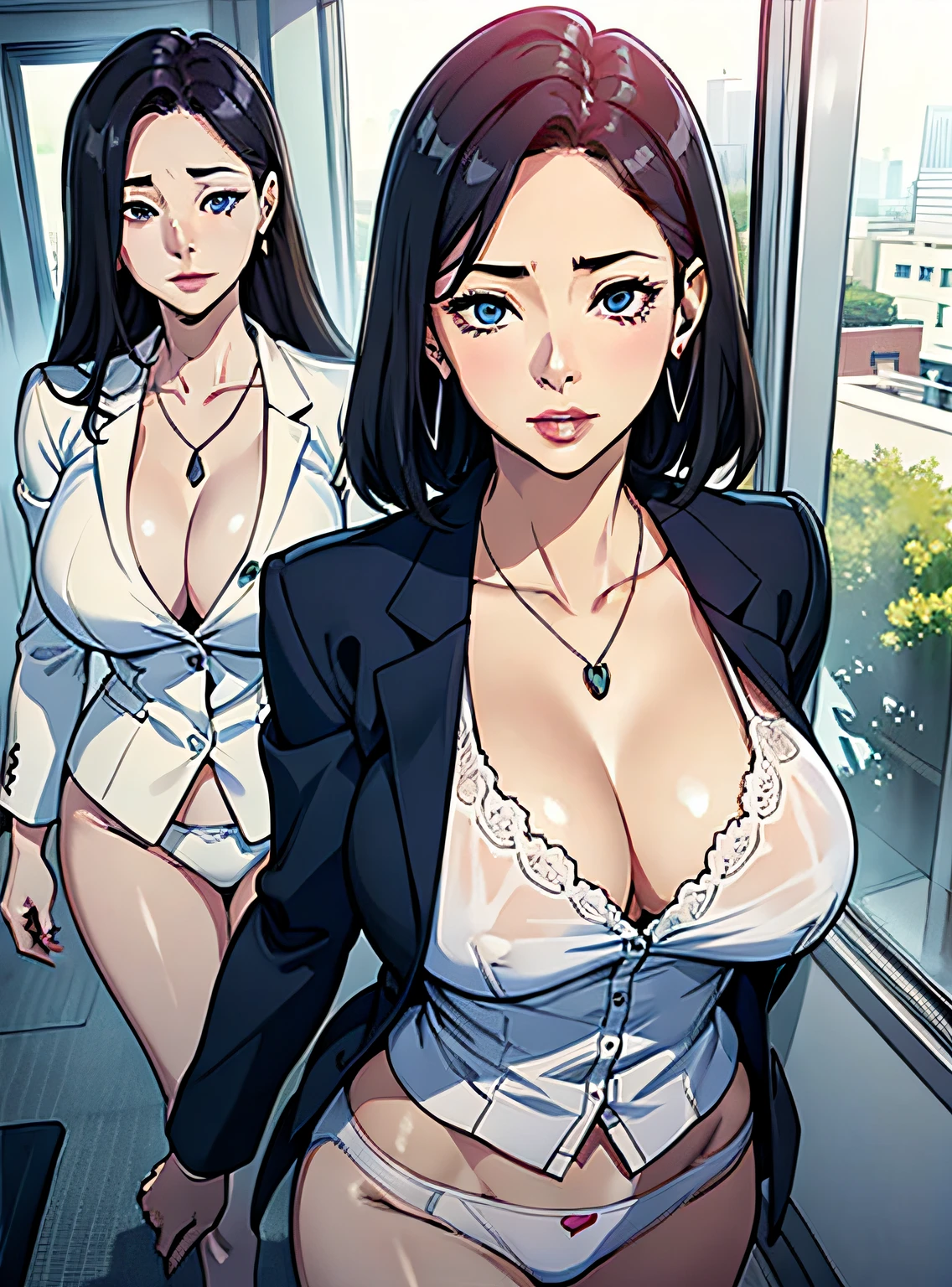 beautiful mature women，Business suits、White cotton panties、Pendant on chest、Heart Earrings、Inviting face、View here、NSFW、Walking in an office district、
