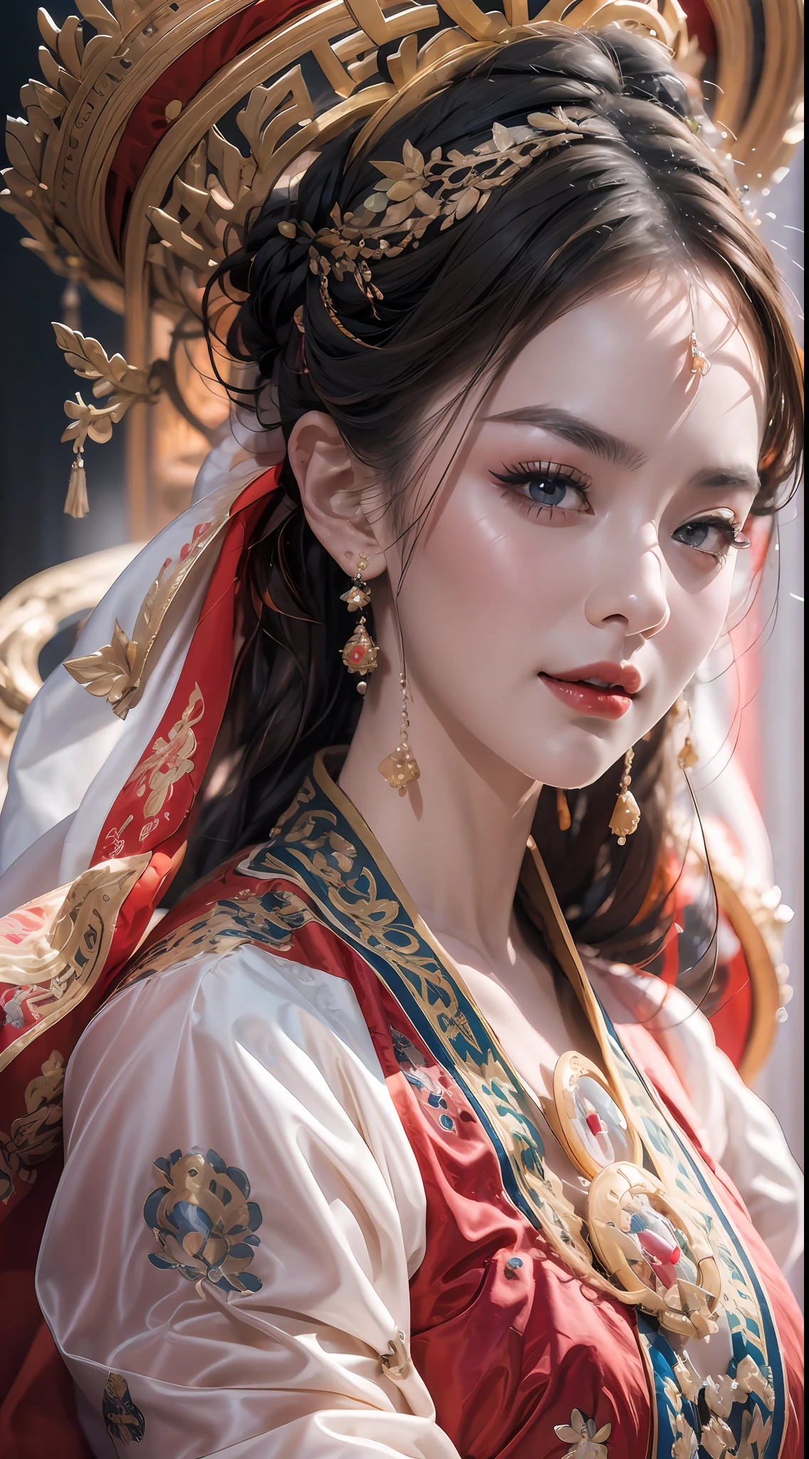 portrait of a beautiful 20 year old holy woman, wearing a thin multicolored silk dress, beautiful face without blemishes, ((natural smile:0.3)), Mouth closed, ((7-color hair length:1.2)), big crown, hair brooch, hanfu dress, chinese ancient style, full body jewelry, forehead tattoo, super even chest, face, red lips, delicate pink and white eyes (white and detailed) cinematic, light and dark, dramatic lighting, magical light, extremely detailed light, true color, super sharp, realistic, 8k quality, fantasy universe background, saints and magical space, the most detailed images, Exhibition photo, awarded, Eye-catching bright tone effect,