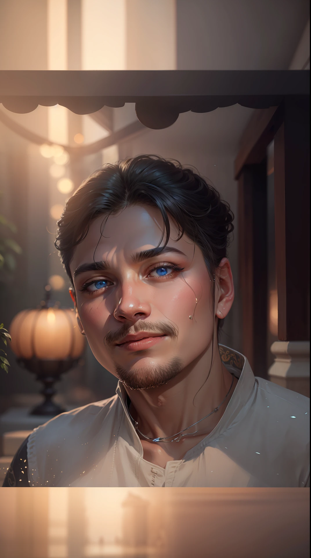 "Generate a breathtaking image with a tranquil sanctuary ambiance. The foreground should showcase a person with mesmerizing eyes relishing a picturesque morning. Realistic face with utmost fidelity, in 8K resolution."