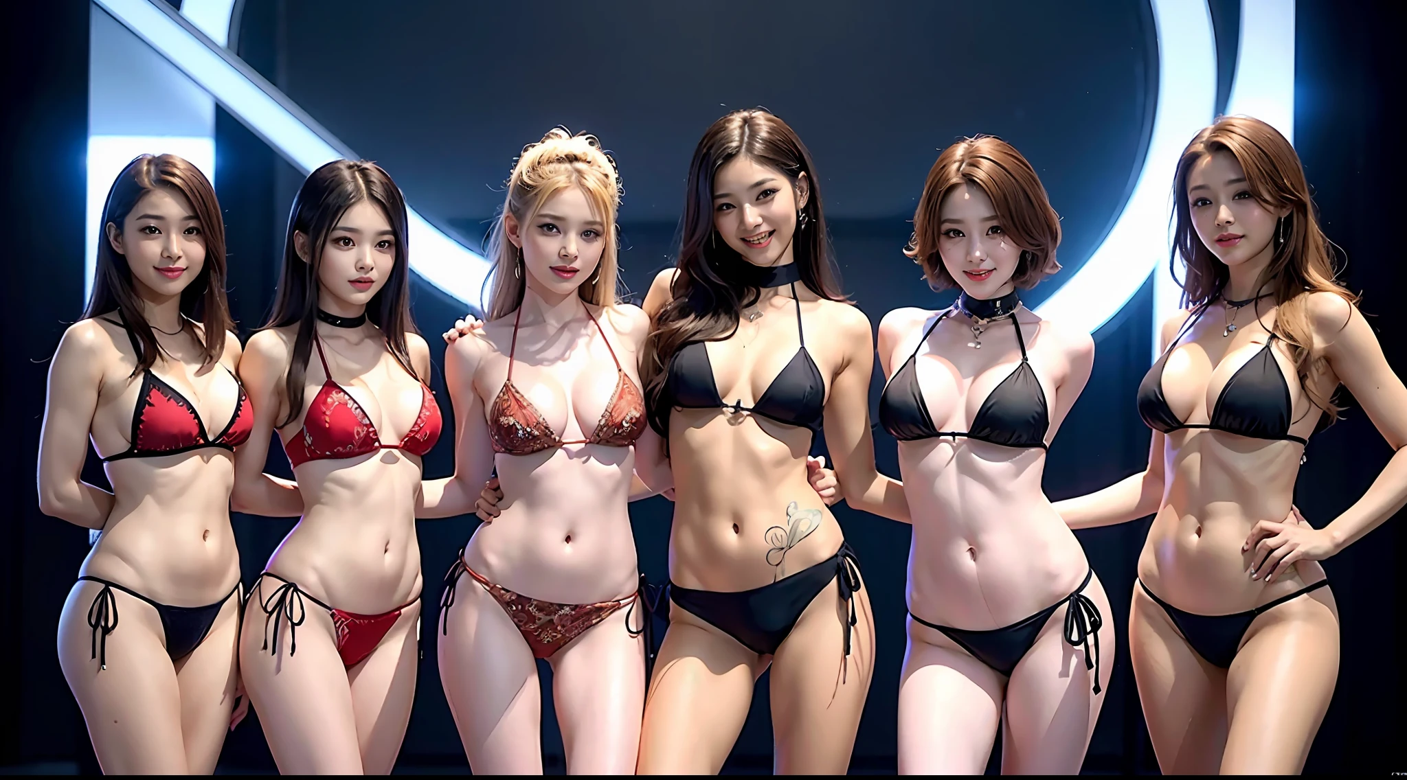 2girls, top-quality, ​masterpiece, illustratio, extremely delicate and beautiful, ighly detailed, Unity, 8k wallpaper, astonishing, attention to details, ​masterpiece, top-quality, Official art, Highly detailed ticker Unity 8k wallpaper, Ridiculous, unbelievable Ridiculous, huge filesize, ighly detailed, hight resolution, ighly detailed, beautiful detailed women, extremely detailed eye and face, beatiful detailed eyes, (Raw photography、top-quality),  (realisitic、Photorealsitic:1.3)、full body Esbian、FULL BODYSHOT、The bikini、((Transverse chest、Underbust、Hammy breasts))))、Thigh spacing、The long-haired、(Double eyes)、((Puffy eyes)、((delusional))、(K-pop idols)、(enticing)、bangss、skiny、((the pose))、(laughingly)、Happiness、looking at the viewers、facing the front there、 ((valleys)))、waist contraction、A sexy、年轻、Saggy eye makeup、seductiv、long eyeslashes、Cheek blush、radiant lips、A smile、emphasized、Crotch accent、fashionshow、Dynamic lighting、The bikini、Brown bikini、