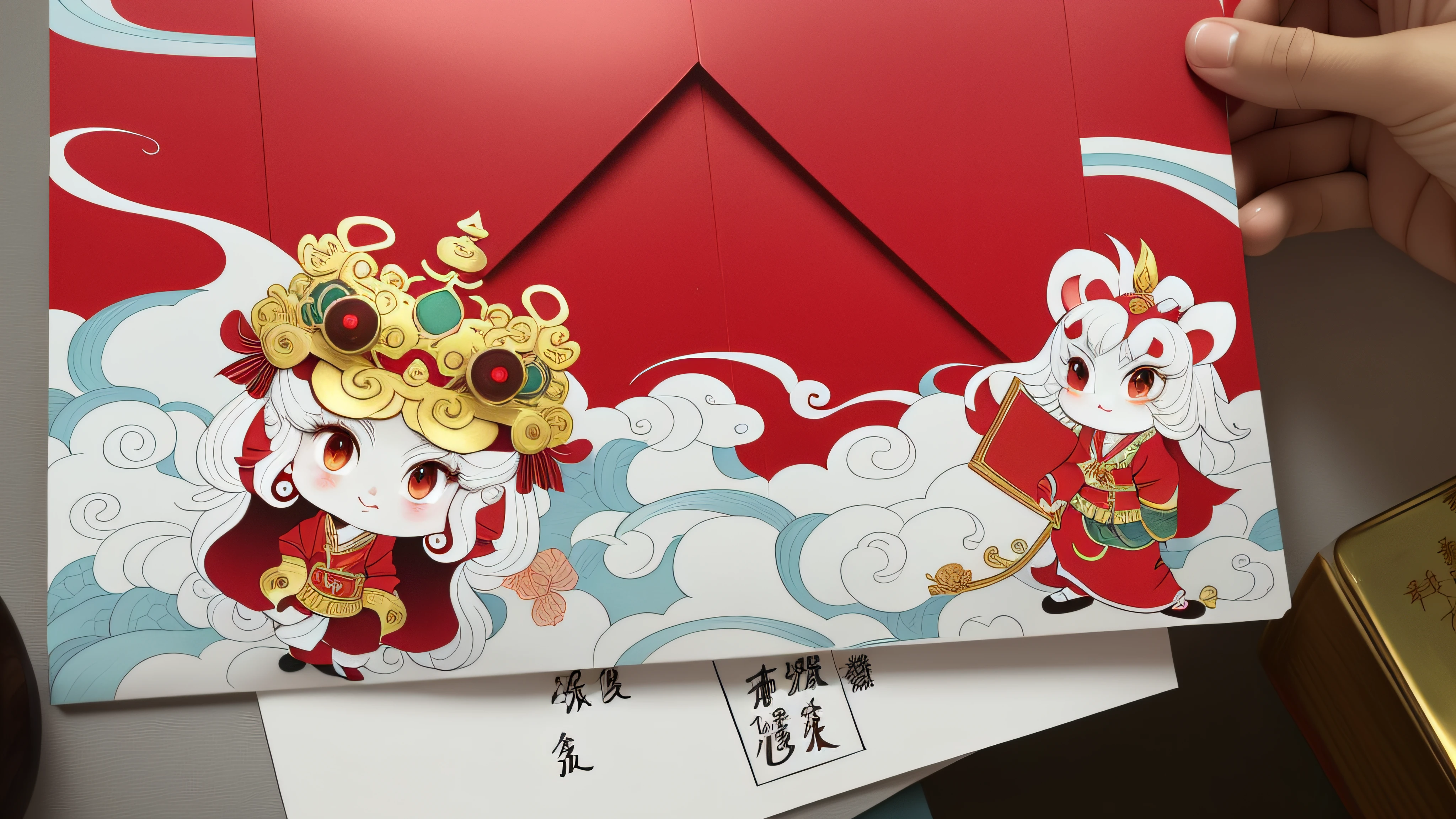 Someone is holding a red envelope,It has a cartoon pattern on it, Onmyoji detailed art, Chinese traditional, Chinese style, from china, inspired by Park Hua, hand painted cartoon art style, front of the treasure box, high-quality picture, author:Lisa South Kivel, added detail, large view, very very low quality, Official artwork, Cute detail artwork dragon cute lion hat