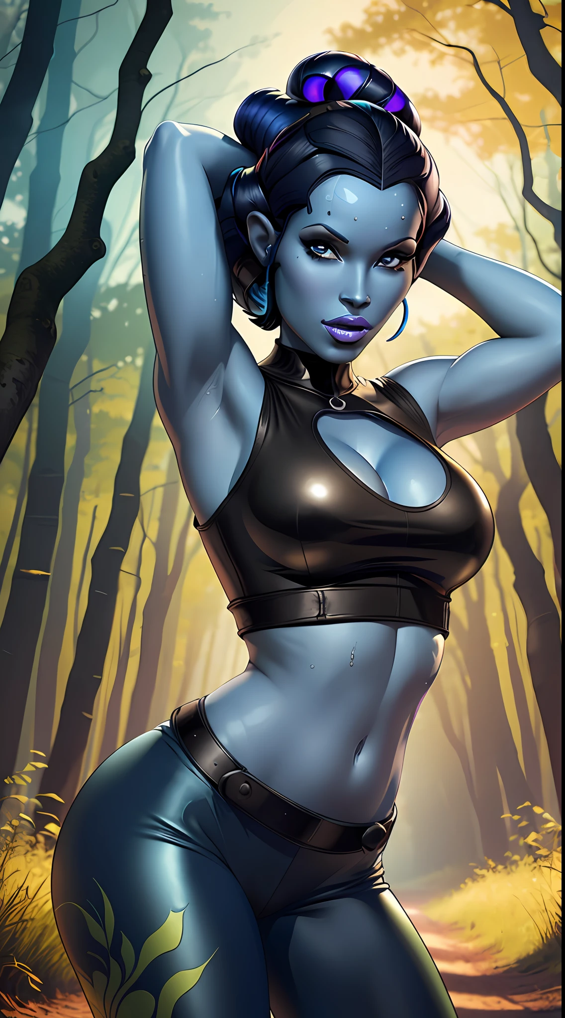 (masterpiece, best quality, ultra-detailed, best shadow), twi'lek, aayla secura, Colored Skin, (blue skin:1.3), upper body, beautiful face, navel piercing, leather crop top, cleavage, leather leggings, leather straps, brown eyes, sweat, walking in a vibrant mushroom forest with yellow sky, arms raised, dynamic pose, dynamic angle, (fighting stance) --auto