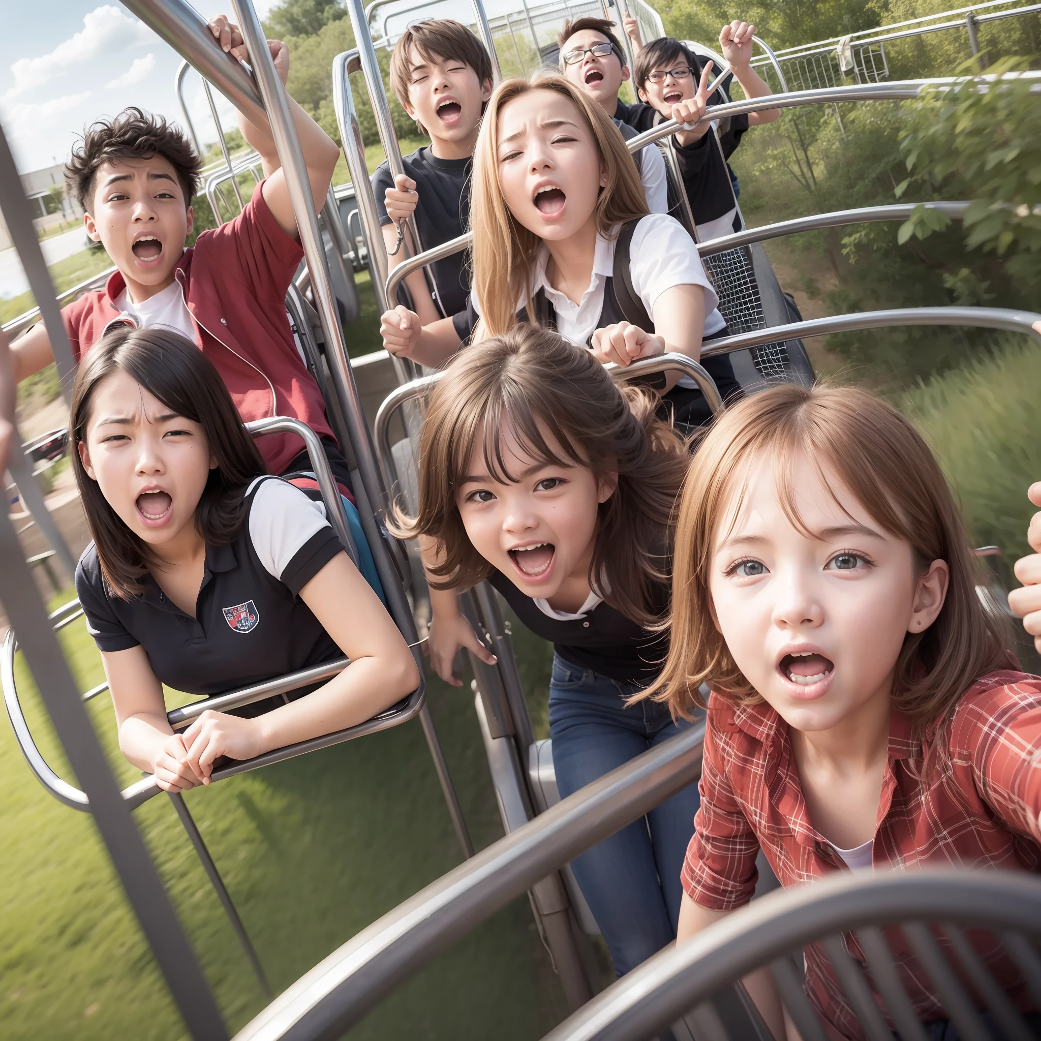 Five students ride a roller coaster,Expression is exaggerated
