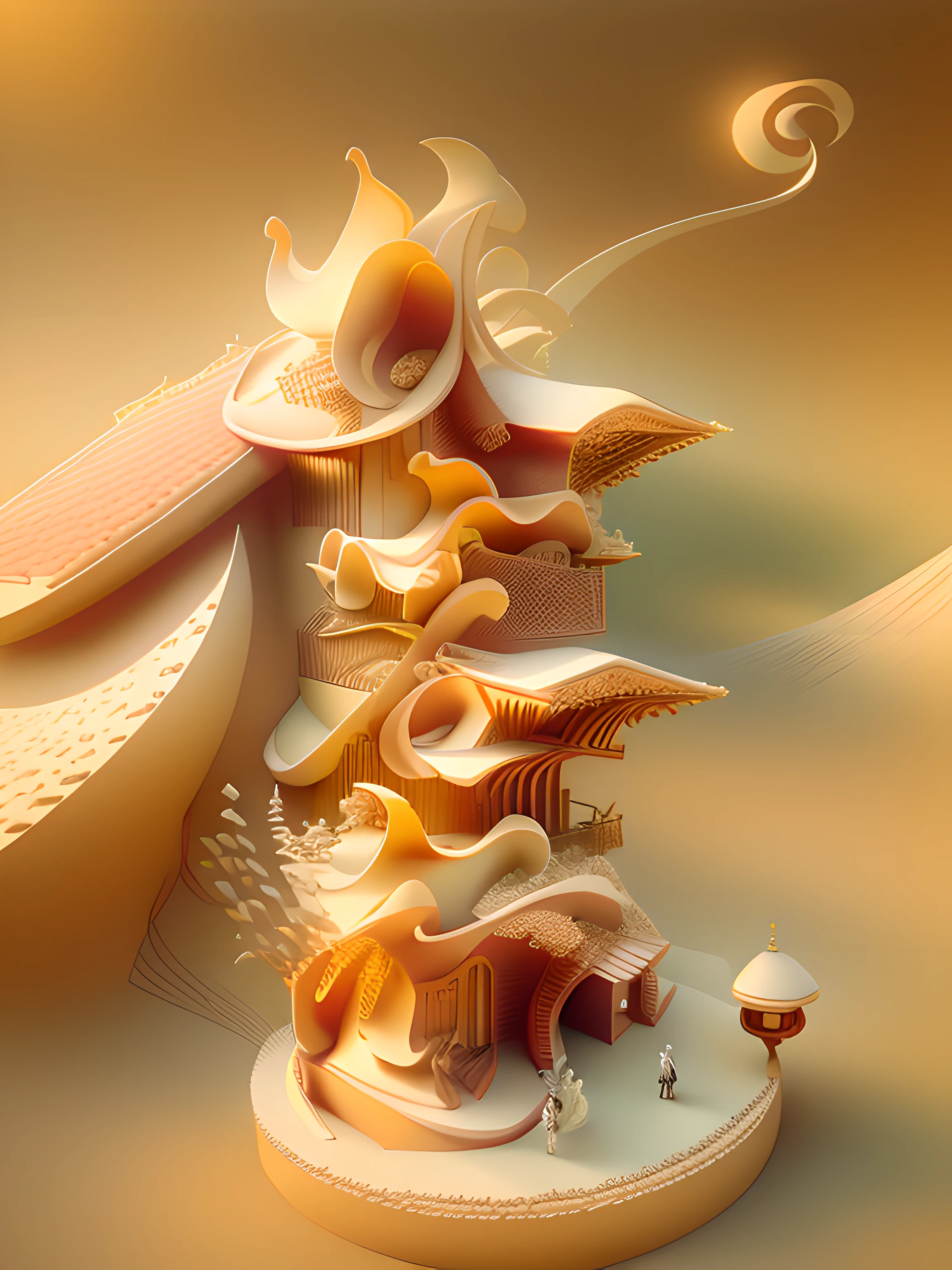 samurais，Mountains，Pavilions，a warm color palette，3D，Moire，Classical style