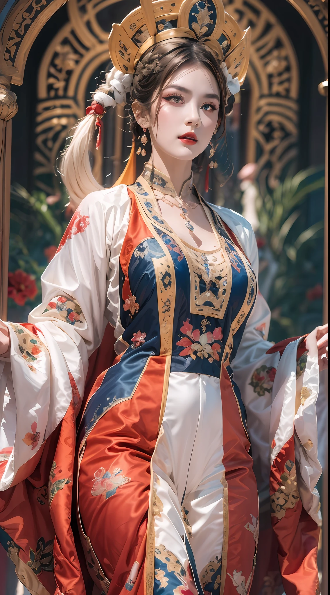 portrait of a beautiful 20 year old holy woman, wearing a thin multicolored silk dress, beautiful face without blemishes, ((natural smile:0.3)), Mouth closed, ((7-color hair length:1.2)), big crown, hair brooch, hanfu dress, chinese ancient style, full body jewelry, forehead tattoo, super even chest, face, red lips, delicate pink and white eyes (white and detailed) cinematic, light and dark, dramatic lighting, magical light, extremely detailed light, true color, super sharp, realistic, 8k quality, fantasy universe background, saints and magical space, the most detailed images, Exhibition photo, awarded, Eye-catching bright tone effect,