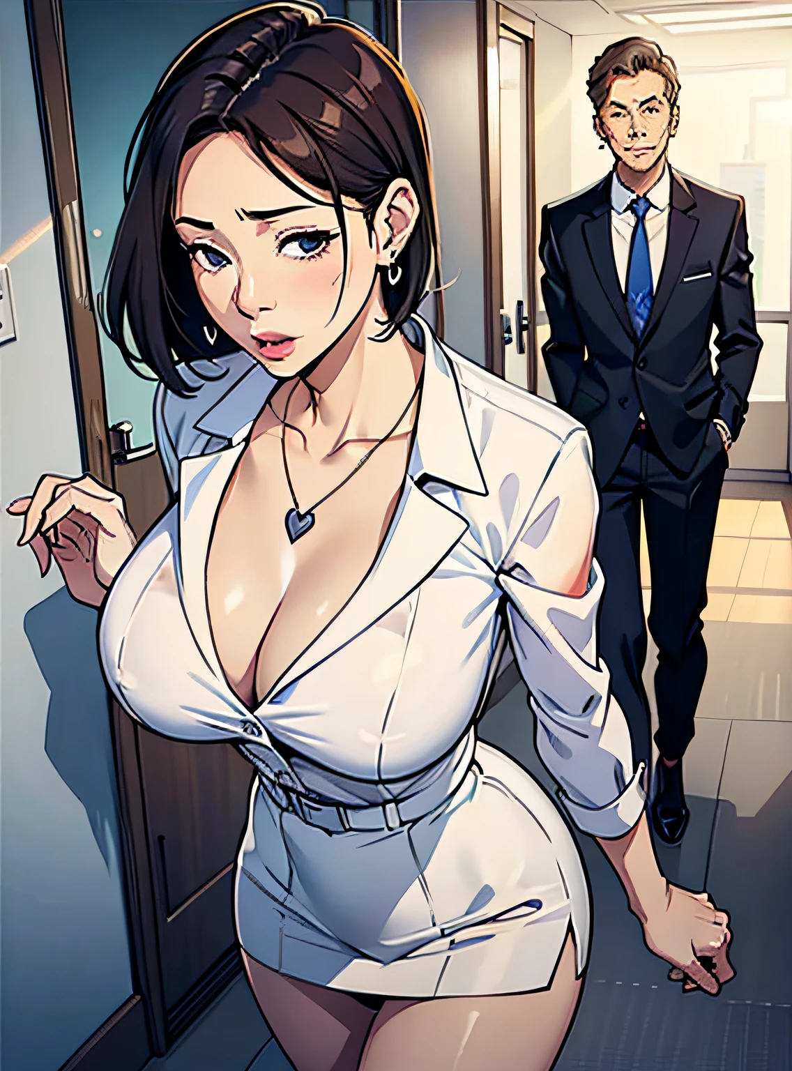 Beautiful mature１Man Woman，Business suits、tight skirts、White cotton panties、Pendant on chest、Heart Earrings、Inviting face、View here、NSFW、Walking in an office district、