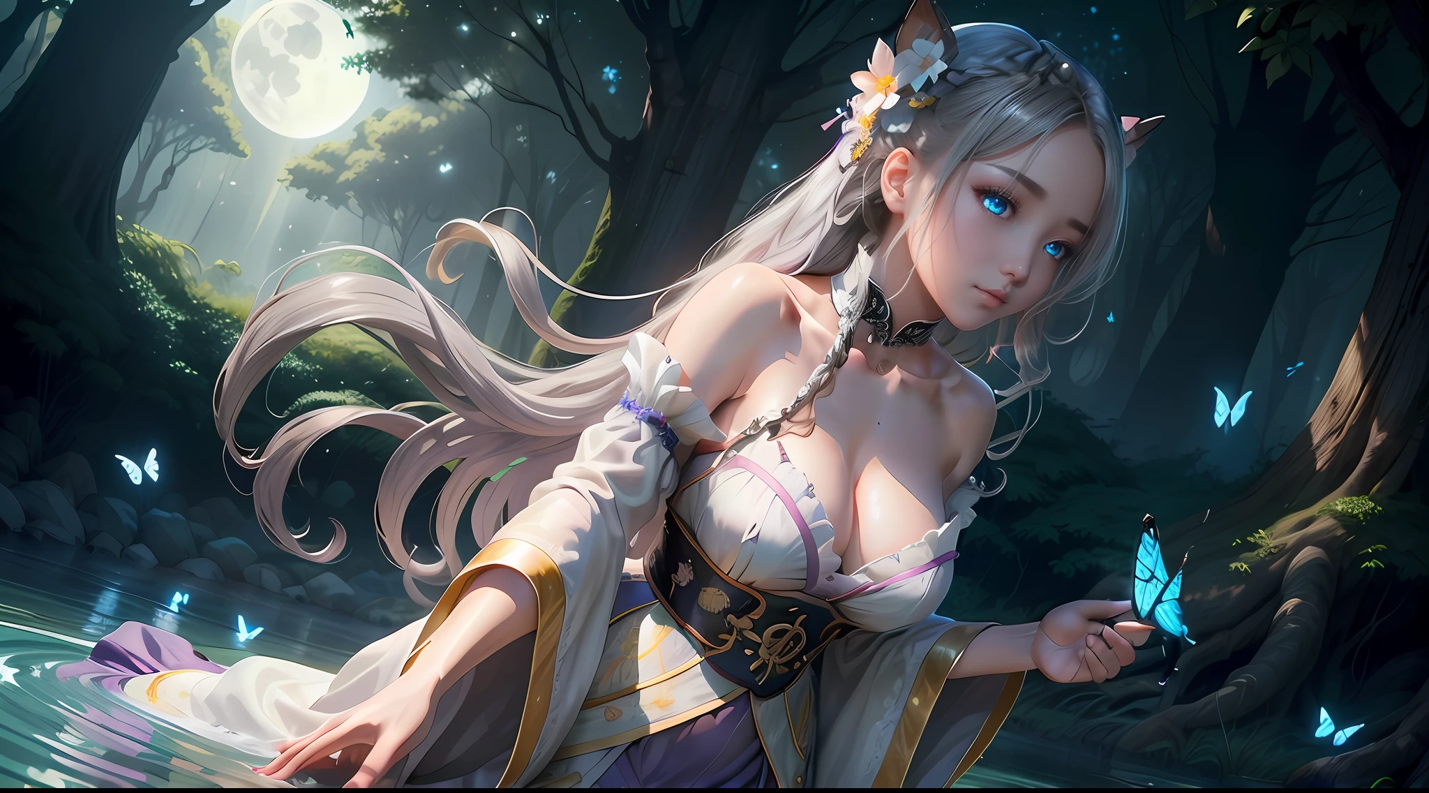 Night，The moonlight shines on the woman in the bath towel，The whole person was glowing with moonlight，The side face is reflected in the moonlight，is very beautiful，(Overlooking the perspective),dynamic angle,magicle world，Super meticulous,illustratio,closeup cleavage,Looking directly at,Kizi,(fanciful:1.4),(Blue eyes:1.233),Her eyes shone like dreamy stars,(glowing light eyes:1.233) ,(美丽细致的眼睛:1.1),(silber hair:1.14),(messy  hair,Very long hair,french braid,Hair between both eyes,Lateral hair),(+(Gray hair flower:1.14)),(Chinese long and wide sleeved Hanfu,Off-the-shoulder attire，Expose the collarbone，Uniform white flower pattern)，(Wide sleeves),(Fingerless gloves),choker necklace,(miko thighhighs),Barefoot,(Frightened expressions), (big trees，In the forest，Shadows interlace, All kinds of beasts, ),(flor branca,full bloom),(flowingwater),(Colorful world tree:1.14),(废墟),(natta),Dreamy,soul,(Fluorescence),(Translucent colorful butterflies flying:1.15),[[Delicate fingers and hands:0.55]::0.85],(Finger details),(yubao:0.5),3D，full bodyesbian，the detail，Background bokeh，high qulity，high detal，deep v big breasts，huge tit，Expose cleavage，Large trees interlace，full bodyesbian，Hanfu，solo person，Barefoot