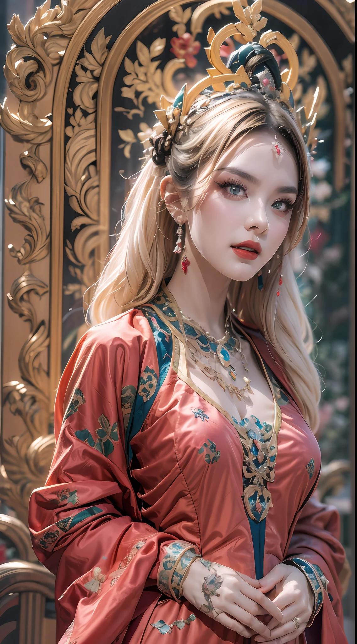 portrait of a beautiful 20 year old holy woman, wearing a thin multicolored silk dress, beautiful face without blemishes, ((natural smile:0.3)), Mouth closed, ((7-color hair length:1.2)), big crown, hair brooch, hanfu dress, chinese ancient style, full body jewelry, forehead tattoo, super even chest, face, red lips, delicate pink and white eyes (white and detailed) cinematic, light and dark, dramatic lighting, magical light, extremely detailed light, true color, super sharp, realistic, 8k quality, fantasy universe background, saints and magical space, the most detailed images, Exhibition photo, awarded, Eye-catching bright tone effect,