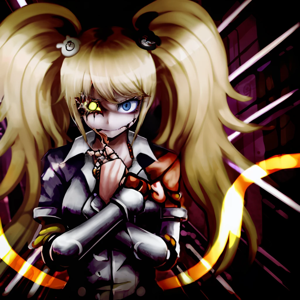 enoshima junko, blonde hair with pigtails (ageha:1.4), in burning magical library, burning books, fire, monstergirl, by Ray-kbys, unusual eye, extra pupils, extra arms, tentacles, item, simple background, (ominous red glow:1.3), glowing lines on armor, enchanted armor, (cursed armor:1.2), evil armor, horror \(theme\), upper body, black plate armor, coat, by artist, absurdres, intricate detail, shadows, night, darkness