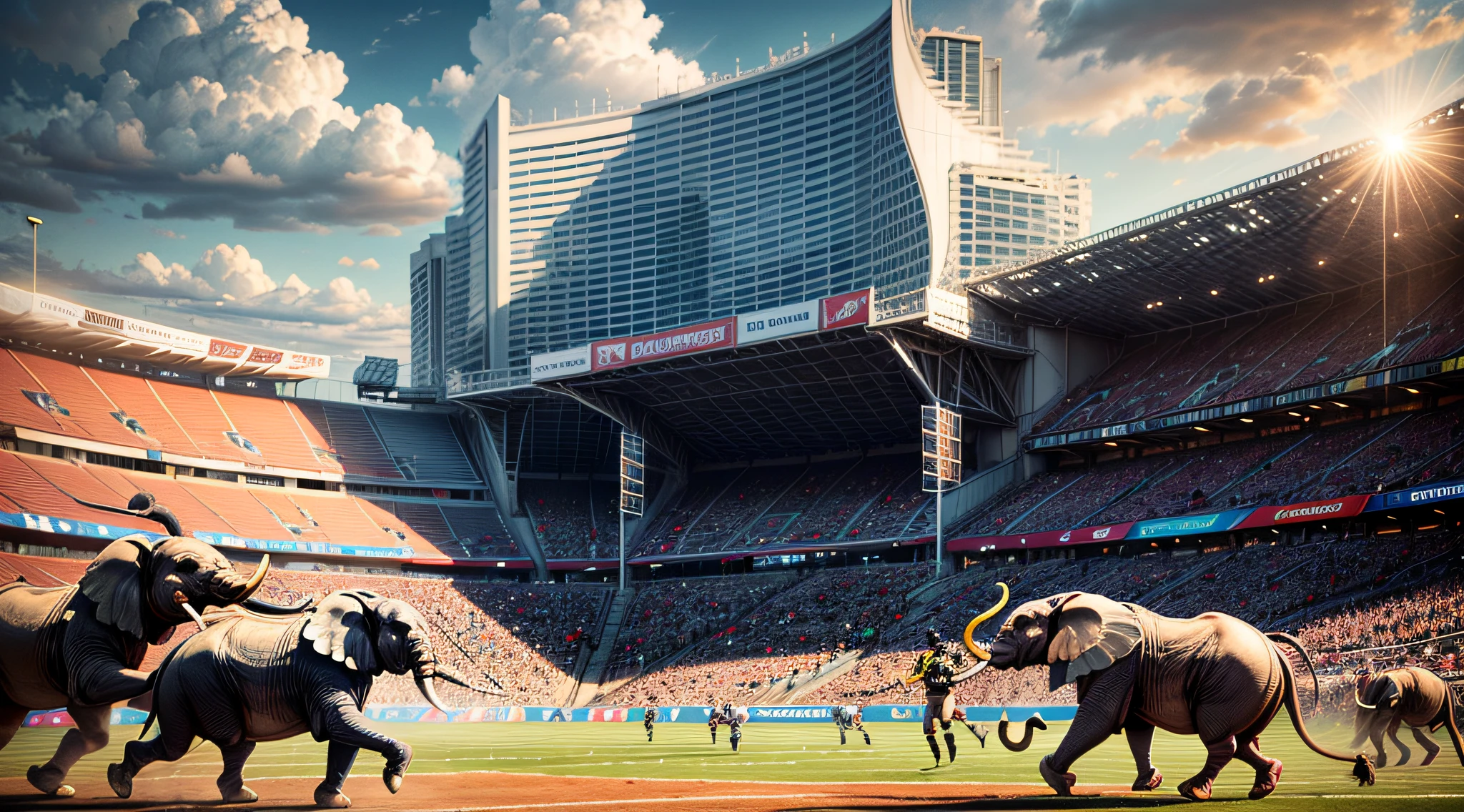 As the sun sets over the stadium, an enthralling football match comes alive. The teams, comprising majestic elephants and robust rhinoceroses dressed in royal blue and fiery orange, charge head-on into the game. The environment exudes an atmosphere of thrill and suspense, with the audience roaring in excitement, witnessing the sheer strength and power of the animal players. The surroundings are adorned with lush greenery, symbolizing the harmonious coexistence of sports and nature. Against this picturesque backdrop, the match unfolds, highlighting each animal's unique prowess, from the elephants' gentle yet powerful kicks to the rhinoceroses' unyielding defense. This is a moment to capture the essence of athleticism and wild beauty on the field. Photography, telephoto lens (200mm),