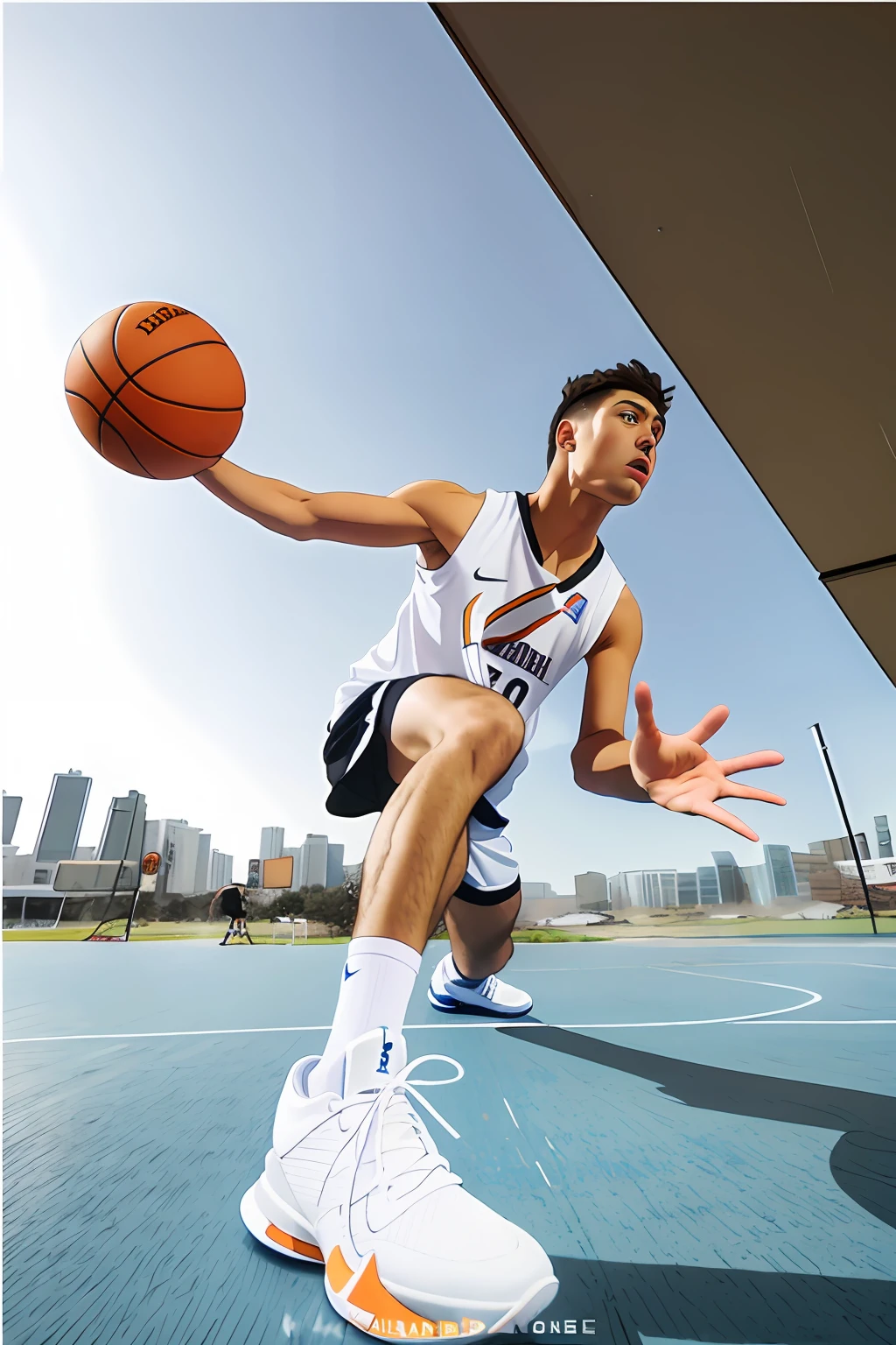 Allard man in white shirt and white shoes plays basketball on the court, dynamic low angle shooting, extreme low angle long shot, wide angle dynamic action shot, extreme low angle shot, shooting angle from below, wearing basketball jersey, Playing basketball, Shot from below, wide angle dynamic portrait, trending on dribbble, very low angle, low angle shot