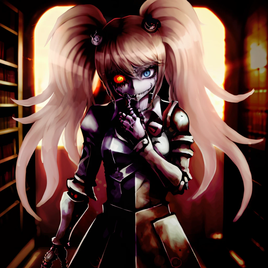 enoshima junko, blonde hair with pigtails (ageha:1.4), in burning magical library, burning books, fire, monstergirl, by Ray-kbys, unusual eye, extra pupils, extra arms, tentacles, item, simple background, (ominous red glow:1.3), glowing lines on armor, enchanted armor, (cursed armor:1.2), evil armor, horror \(theme\), upper body, black plate armor, coat, by artist, absurdres, intricate detail, shadows, night, darkness