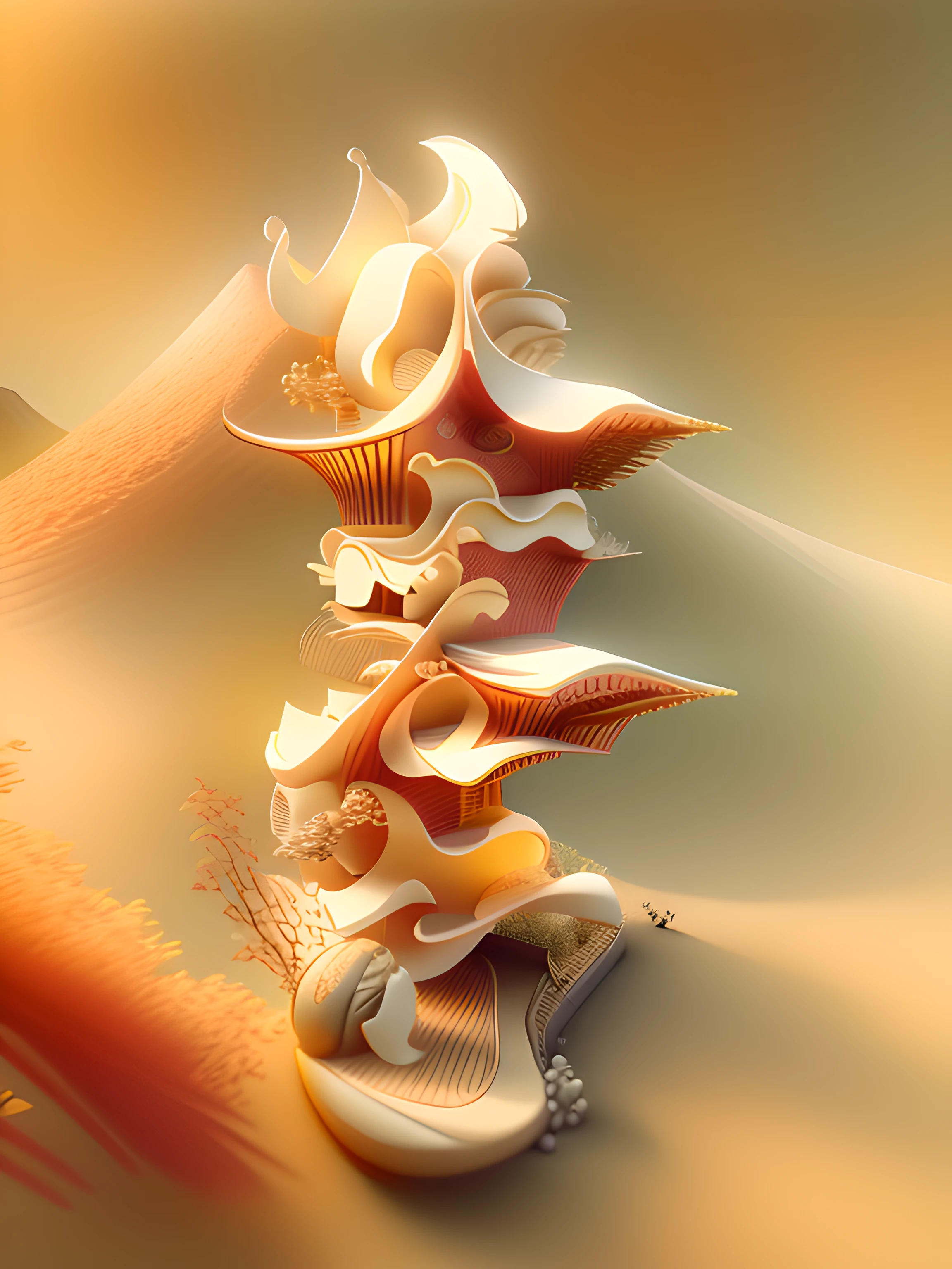 samurais,Mountains,Pavilions,a warm color palette,3D,Moire,Classical style