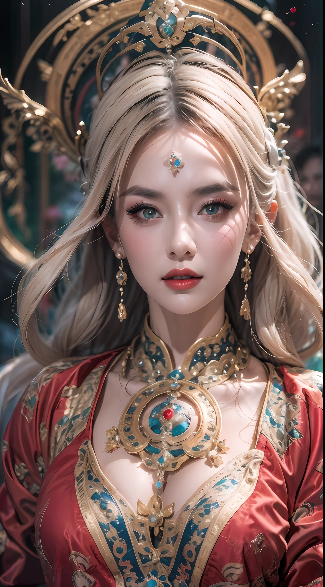 portrait of a beautiful 20 year old holy woman, wearing a thin multicolored silk dress, beautiful face without blemishes, ((natural smile:0.3)), Mouth closed, ((7-color hair length:1.2)), big crown, hair brooch, hanfu dress, chinese ancient style, full body jewelry, forehead tattoo, super even chest, face, red lips, delicate pink and white eyes (white and detailed) cinematic, light and dark, dramatic lighting, magical light, extremely detailed light, true color, super sharp, realistic, 8k quality, fantasy universe background, saints and magical space, the most detailed images, Exhibition photo, awarded, Eye-catching bright tone effect,