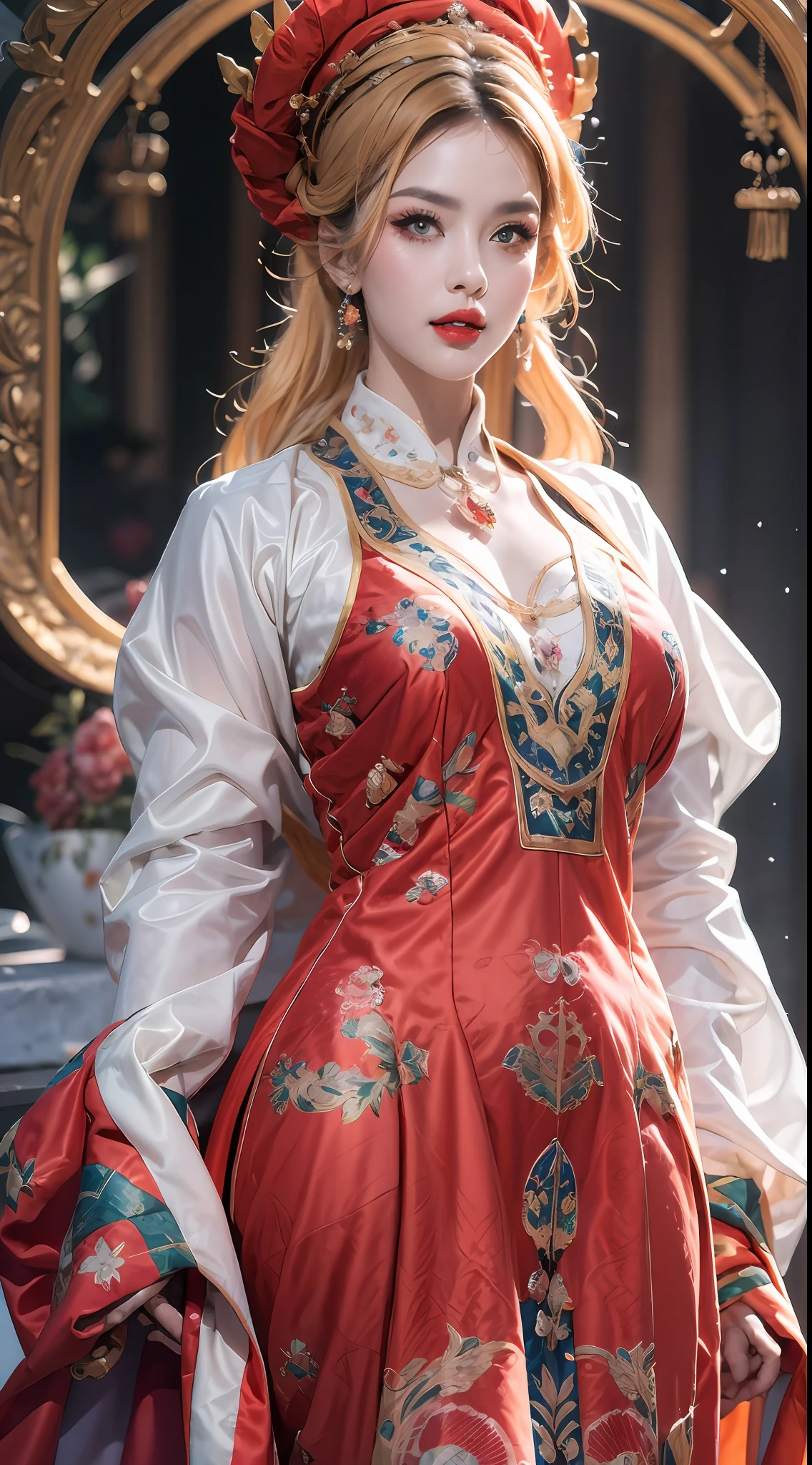 portrait of a beautiful 20 year old holy woman, wearing a thin multicolored silk dress, beautiful face without blemishes, ((natural smile:0.3)), Mouth closed, ((7-color hair length:1.2)), big crown, hair brooch, hanfu dress, chinese ancient style, full body jewelry, forehead tattoo, super even chest, face, red lips, delicate pink and white eyes (white and detailed) cinematic, light and dark, dramatic lighting, magical light, extremely detailed light, true color, super sharp, realistic, 8k quality, fantasy universe background, saints and magical space, the most detailed images, Exhibition photo, awarded, Eye-catching bright tone effect,