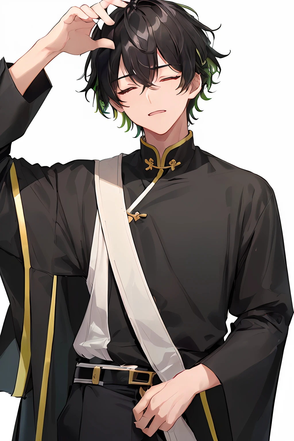 (top-quality、8K、32K、masterpiece、nffsw:1.3)、((Closed eyes))、Jitome、Zito-order、(Black hair)、 top-quality, detaileds, masterpiece, (((1boy))), (((striated hair、Black highlight hair、Black hair and green highlight hair:1.1)))、Laughing、A smile、Gentle man、portraitures, Male Focus、Head-on angle、(((独奏))), bangss, looking at the viewers,, (shorth hair), (Plain white background), 8k, vivid、depth of fields, male people、twinks、(Rough clothing)、(Wearing a jersey)