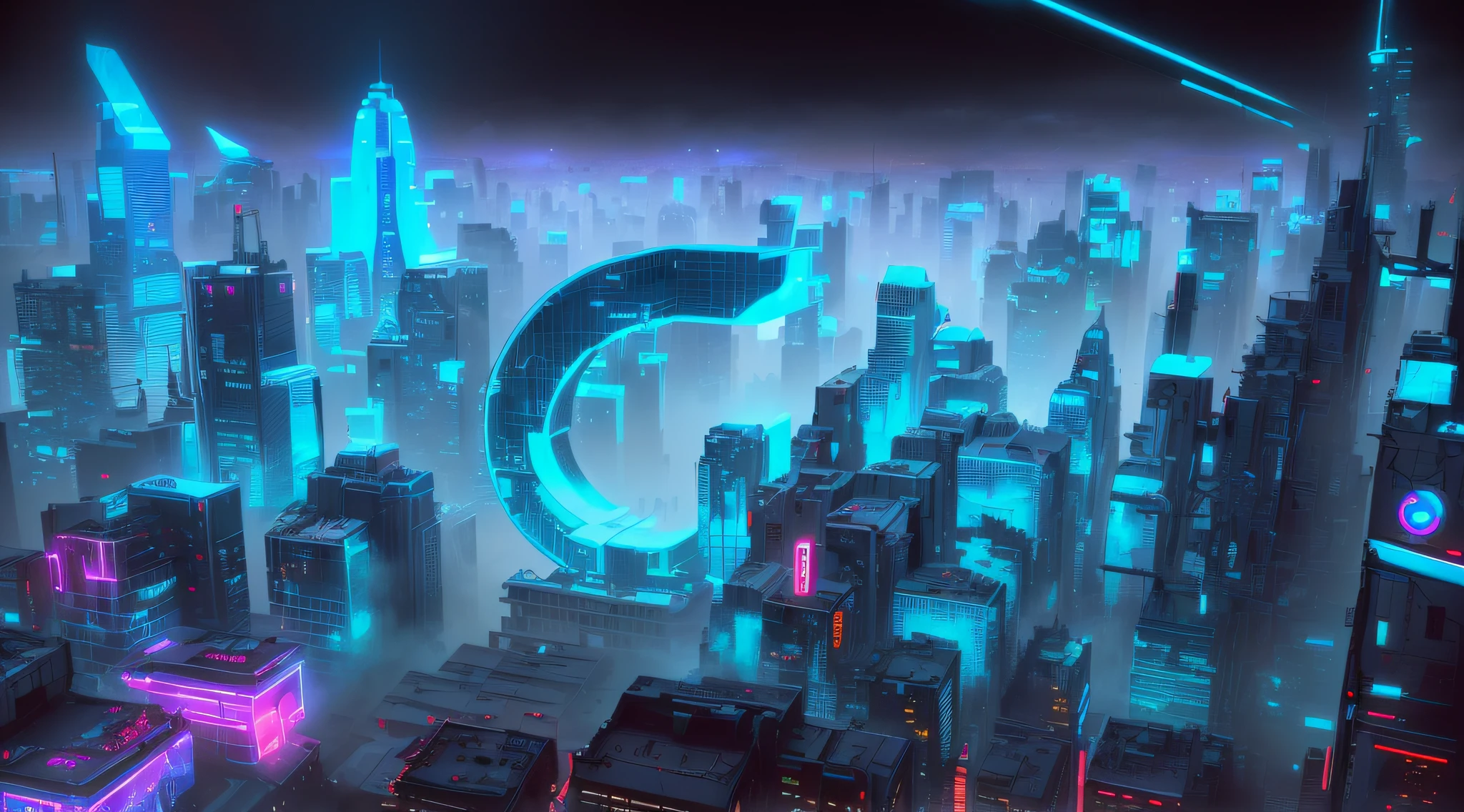 The city of cyberpunk,The middle letter G,Overlooking angle,ultra-wide-angle,Virtual technology screens float above the building,There is a flying machine in the foreground,Futuristic,Cinematic texture