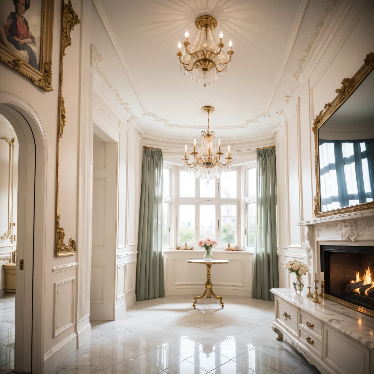 ,masterpiece, best quality,8k, ultra highres,Step into this living room,All immerse yourself in the luxurious atmosphere of European classics and rural styles。Intricately carved fireplaces and carved decorative walls exude simplicity and opulence。Elegant tiled floors are complemented by floral décor,It's like being in the English countryside。Every time you sit here,You can feel the blend of style and taste,Looking forward to encounters with luxury。