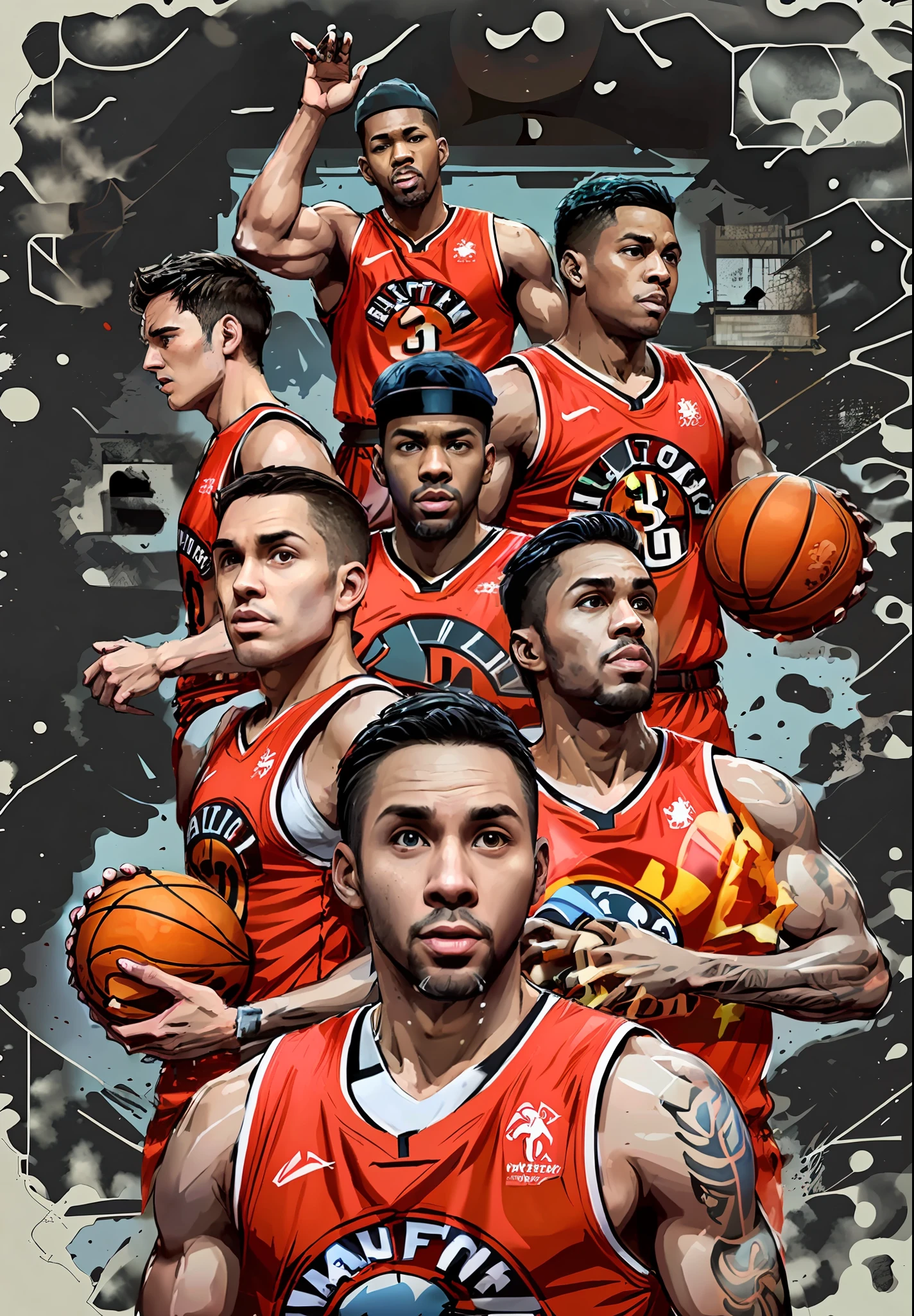 Close up of basketball player holding basketball, raptors, warriors fan art, inspired by Patrick Brown, official fanart, hyper detail illustration, posterized, Wallpaper phone, art cover illustration, closeup cleavage!!!!!!, official fan art, 1 : 1 hyper illustration, nba finals, official print, tom richmond illustration, illustrated!!, GTA, author：Mario Cooper