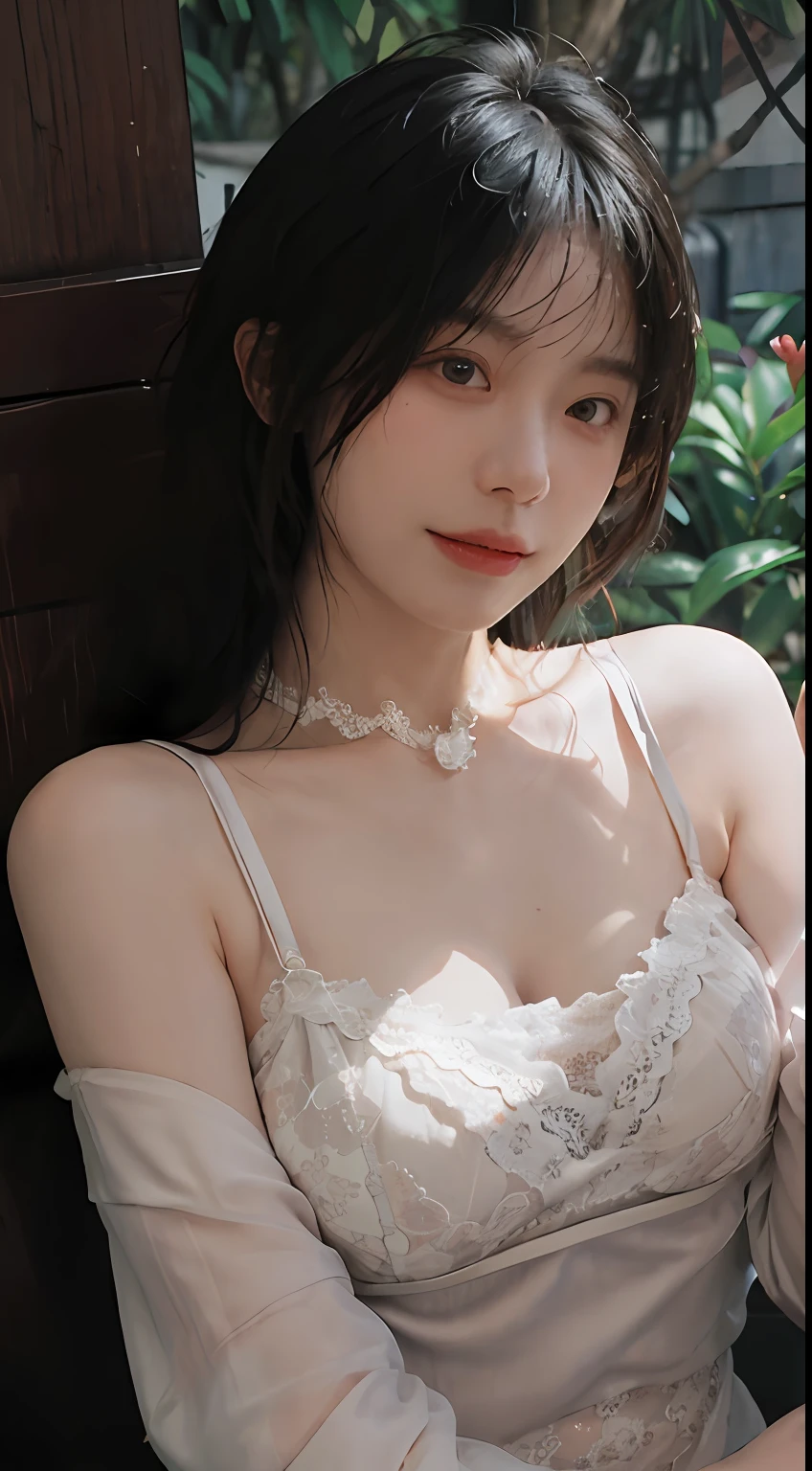 best qualtiy， 超高分辨率， （realisticlying：1.4）， Baoyu Girl， A pair of clear and moving peach blossom eyes,Royal Sister，sunshine on face，with long coiled hair，（ln the forest：1.4），（choker necklace：1.2），（Fair skin：1.9），（full bodyesbian：1.2）a sense of atmosphere，a beauty girl， ssmile，head straight-looking at viewer， closeup cleavage ，(Photorealistic:1.4),1girll,Sexy,(Orange lace bra:1.3),(Big breasts:1.9）,(Upper body:1.4),(Wet body),(:1.2)